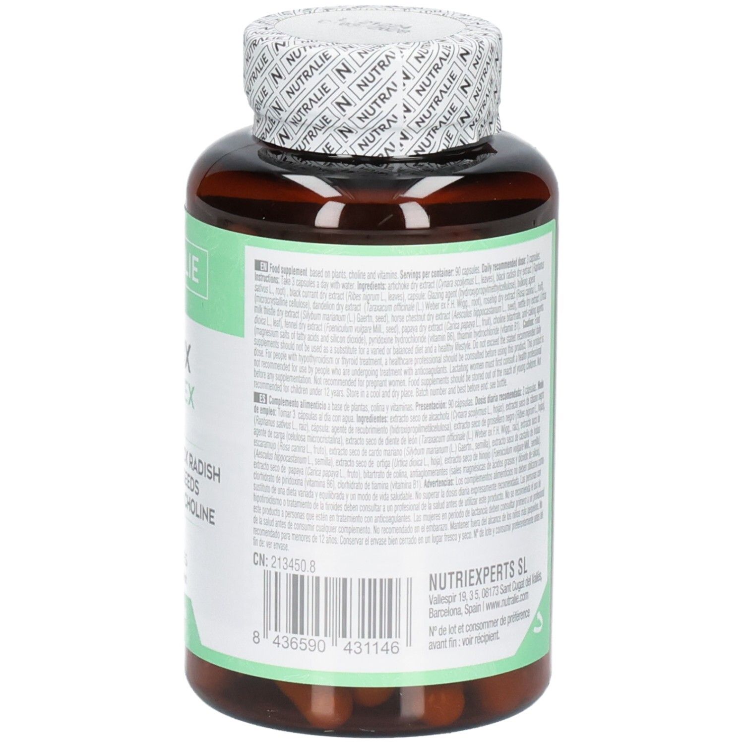 Rückseite der Nutralie Detox Complex Kapseln Flasche mit Barcode und Herstellerinformationen.