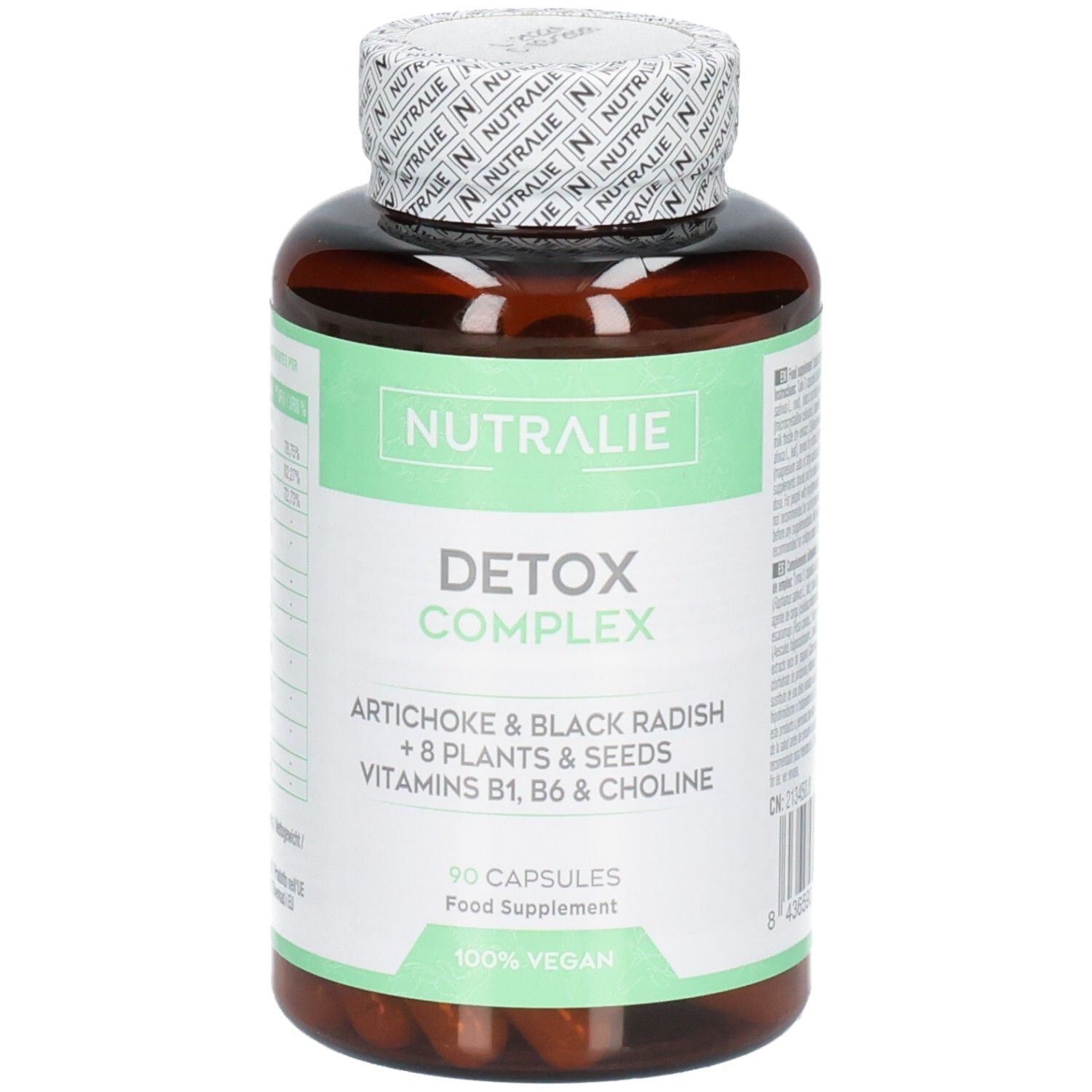 Nutralie Detox Complex Kapseln: Braune Flasche mit 90 veganen Kapseln. Artischocke, schwarzer Rettich, Vitamine B1, B6, Cholin.