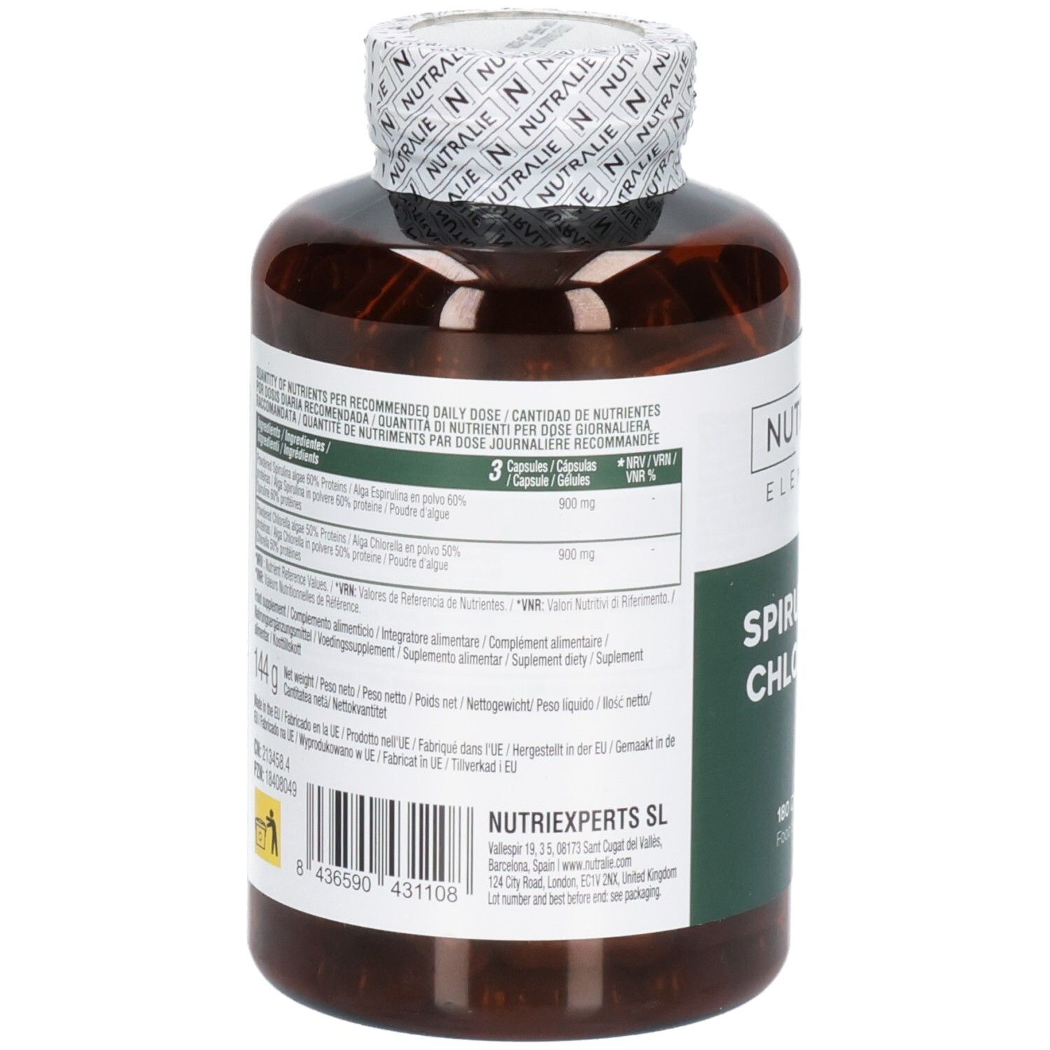 Rückseite einer Nutralie Spirulina & Chlorella Flasche mit Nährwertangaben und Produktinformationen.