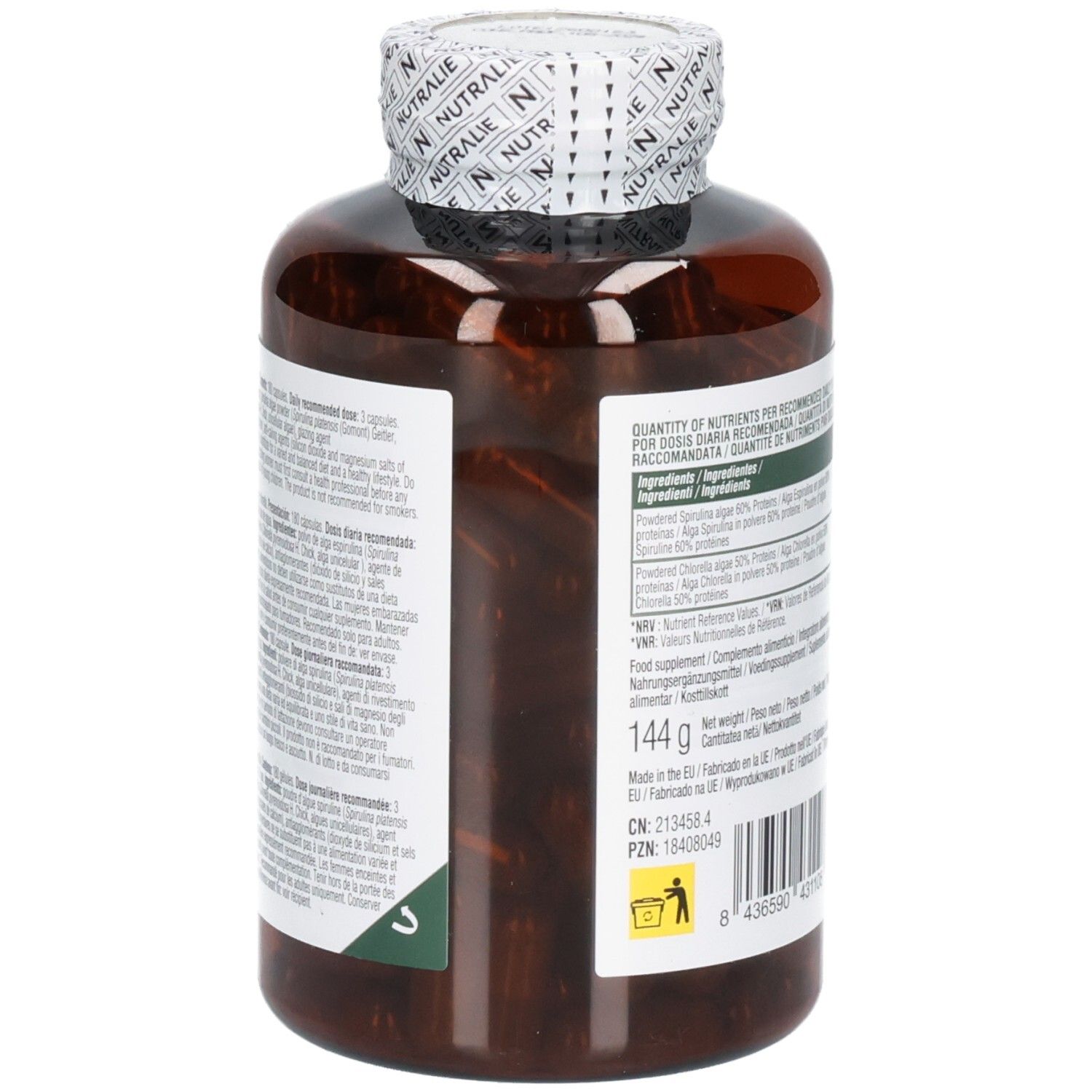 Rückseite einer Nutralie Spirulina & Chlorella Flasche mit Barcode und Herstellerinformationen.