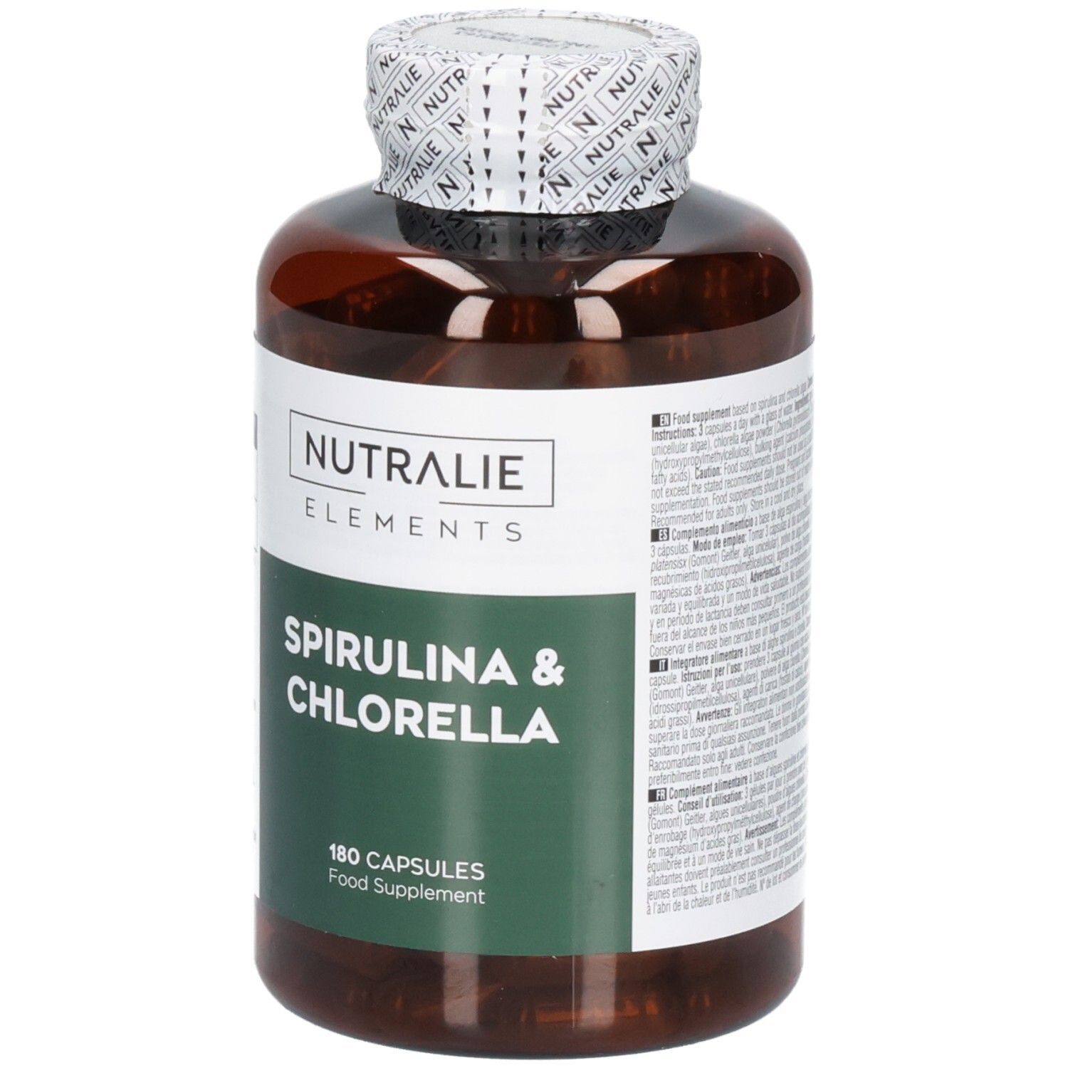 Vorderseite einer Nutralie Spirulina & Chlorella Flasche mit Etikett, 180 Kapseln.