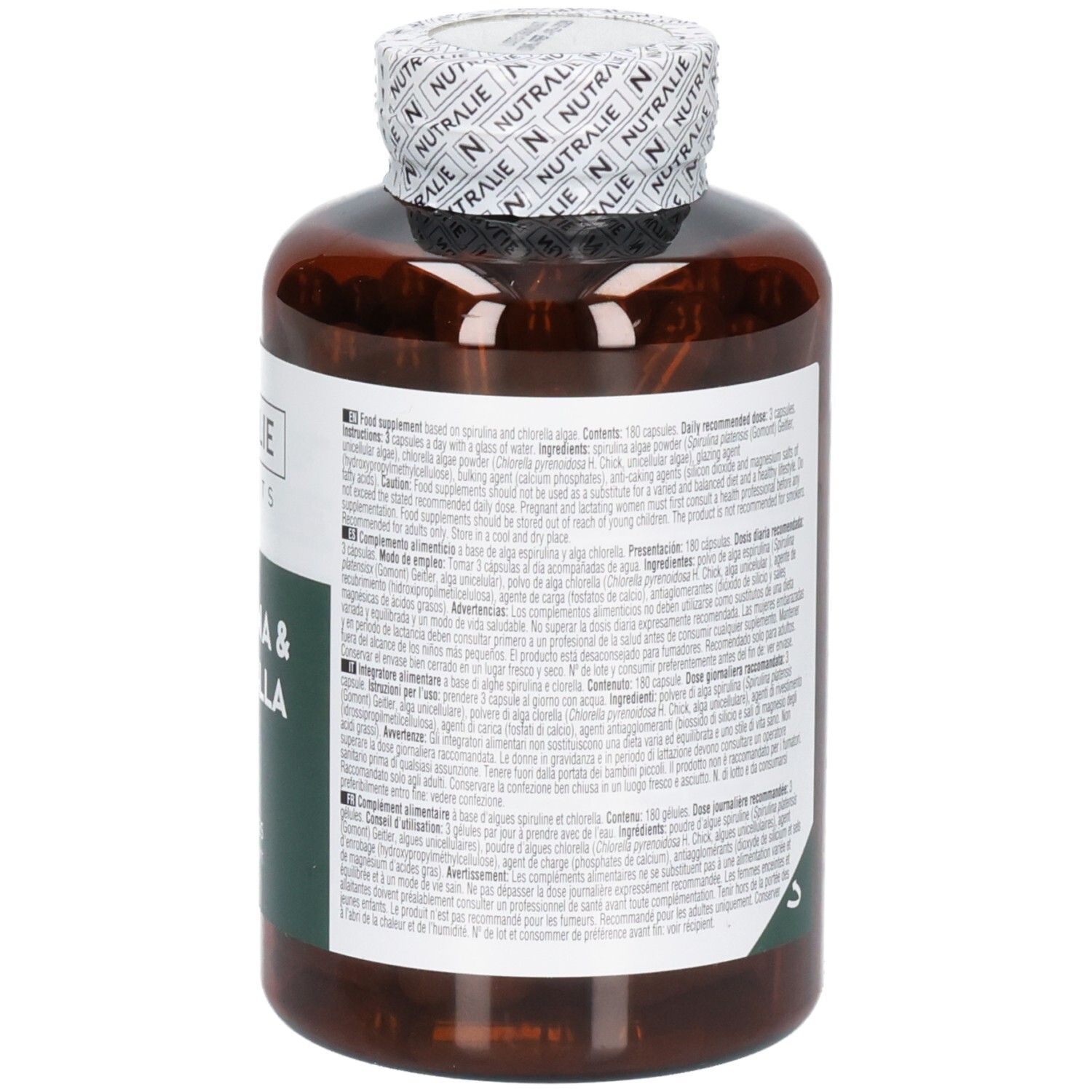 Seitenansicht einer Nutralie Spirulina & Chlorella Flasche mit detaillierten Produktinformationen.