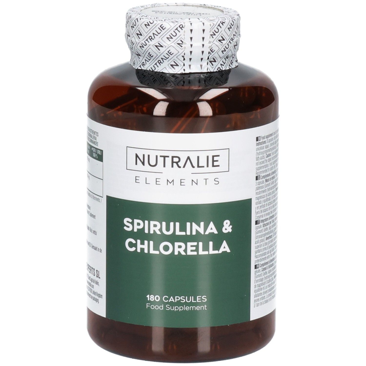 Vorderansicht einer Nutralie Spirulina & Chlorella Flasche, 180 Kapseln, Nahrungsergänzungsmittel.