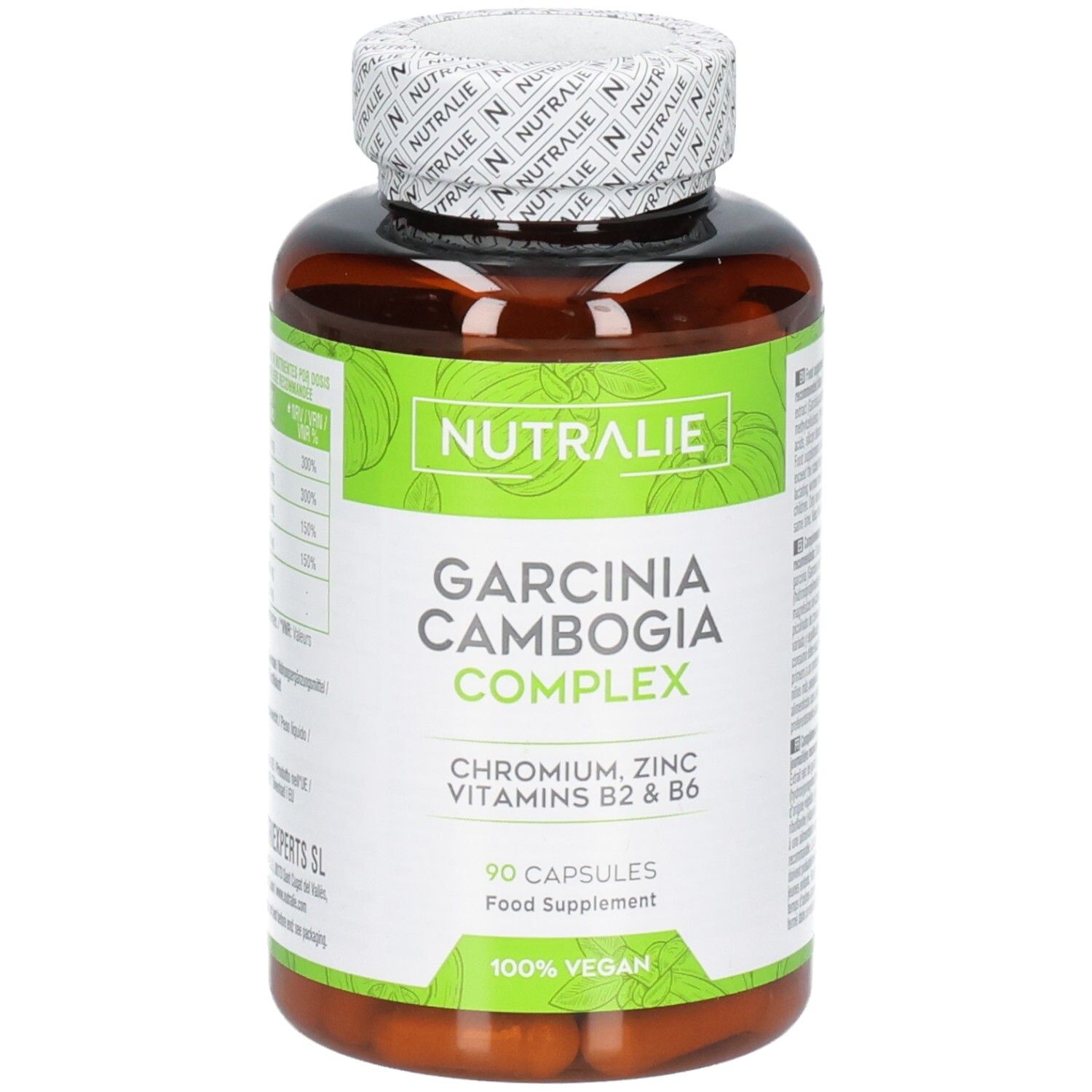 Braune Kapselbehälter mit grünem Etikett: Nutralie Garcinia Cambogia Complex, 90 Kapseln, 100% Vegan.