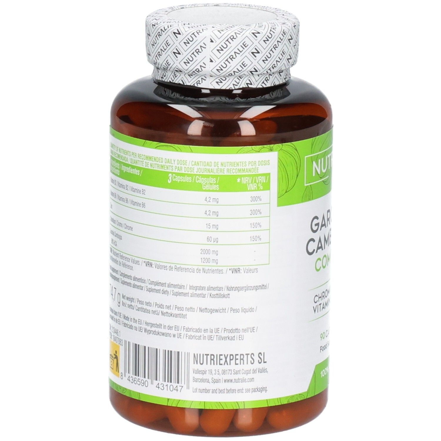 Rückseite eines braunen Kapselbehälters mit grünem Etikett: Nutralie Garcinia Cambogia Complex, Nährwertangaben, 90 Kapseln.