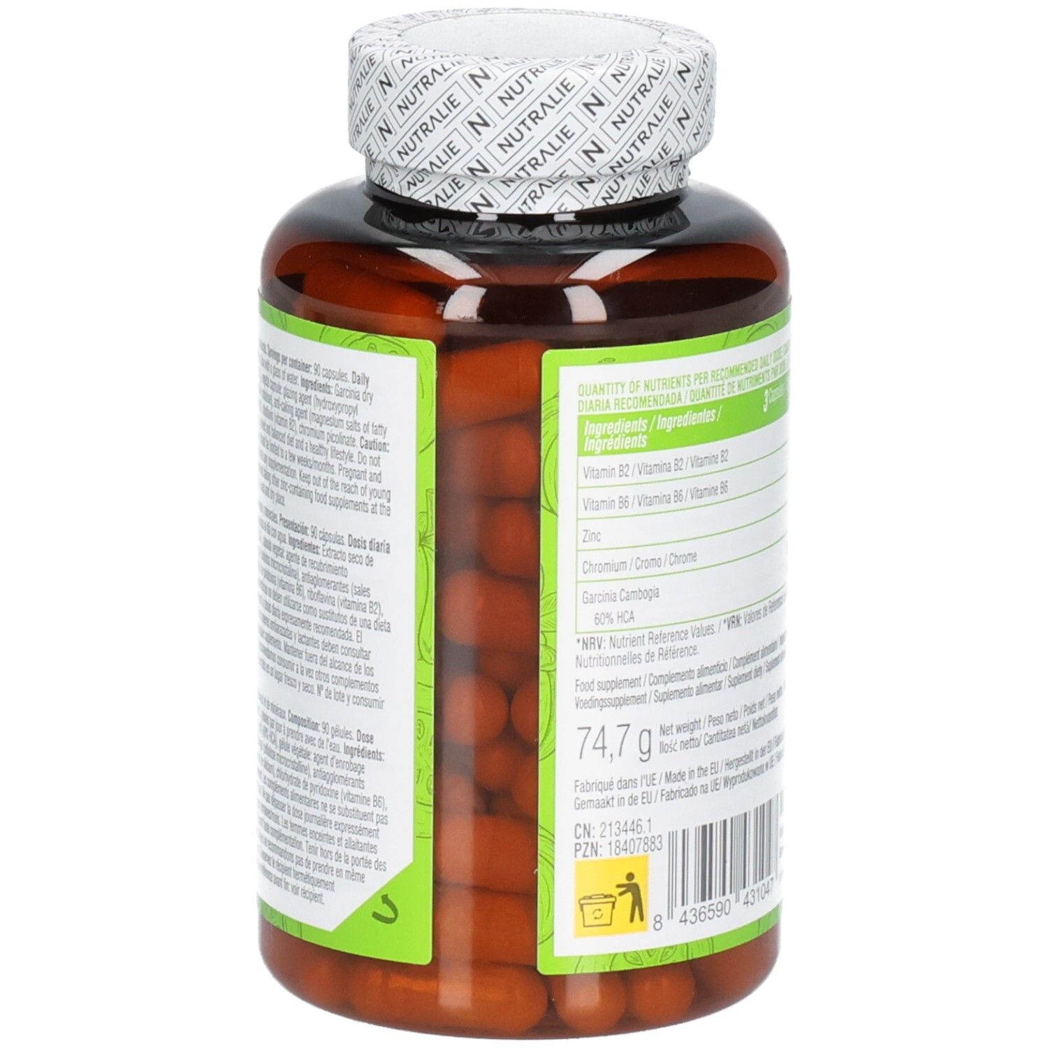 Seitenansicht eines braunen Kapselbehälters mit grünem Etikett: Nutralie Garcinia Cambogia Complex, 90 Kapseln, 74,7g.