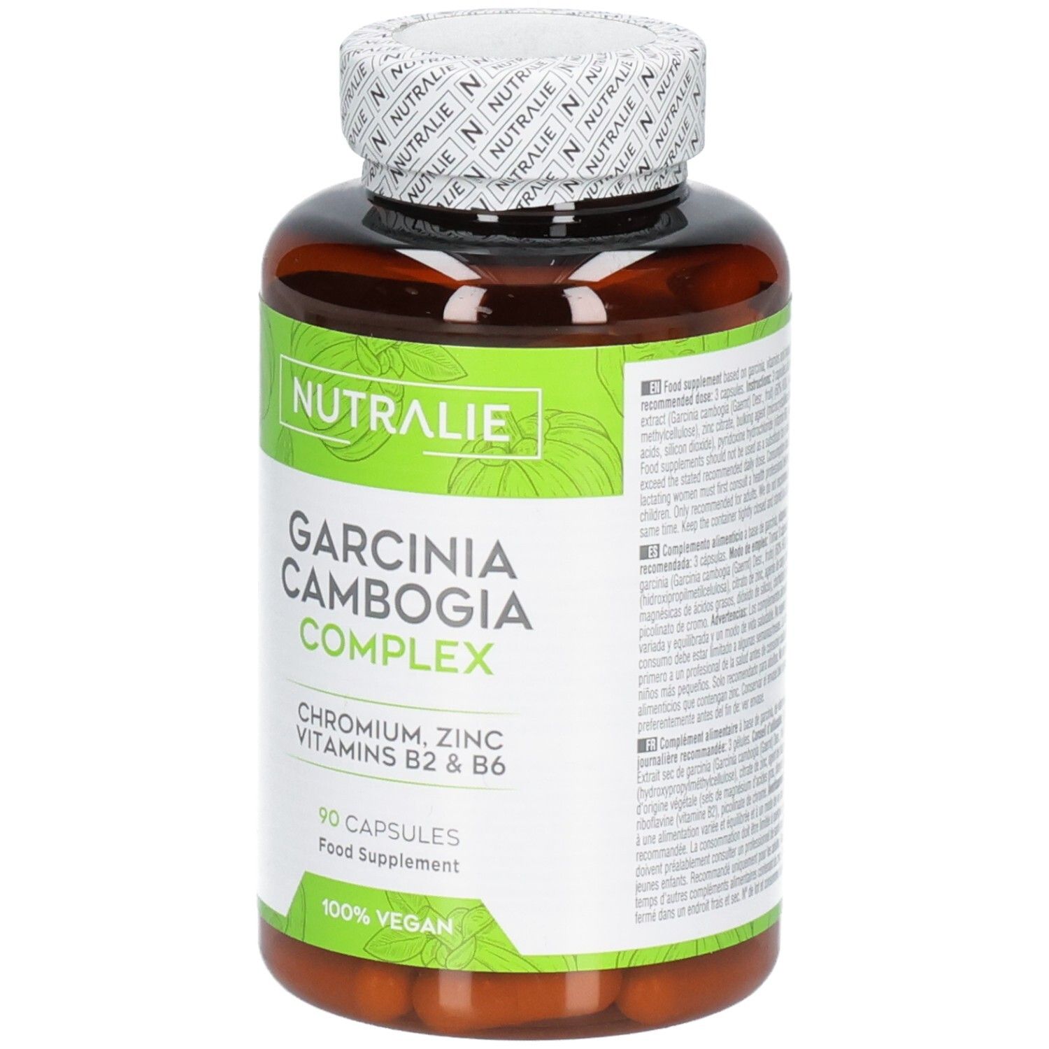 Braune Kapselbehälter mit grünem Etikett: Nutralie Garcinia Cambogia Complex, 90 Kapseln, 100% Vegan.