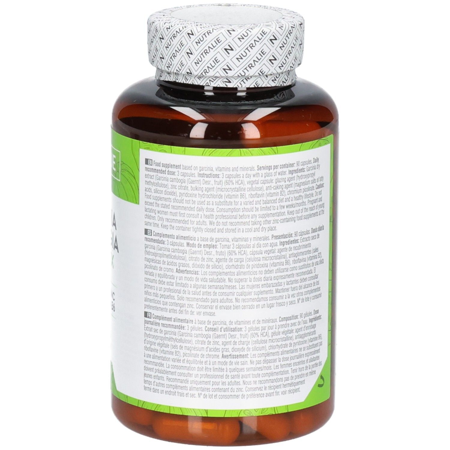 Rückseite eines braunen Kapselbehälters mit grünem Etikett: Nutralie Garcinia Cambogia Complex, Nährwertangaben, 90 Kapseln.
