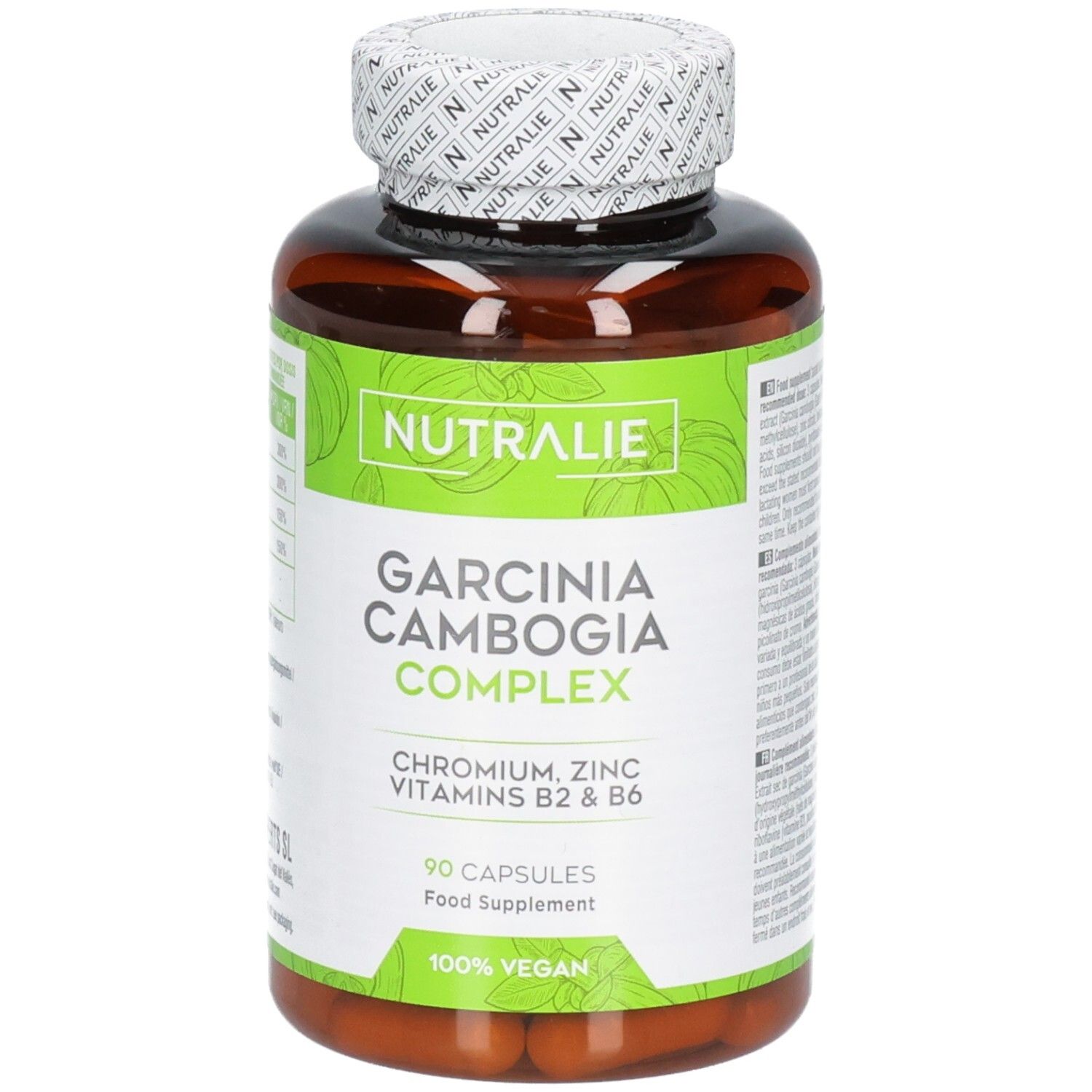 Braune Kapselbehälter mit grünem Etikett: Nutralie Garcinia Cambogia Complex, 90 Kapseln, 100% Vegan.
