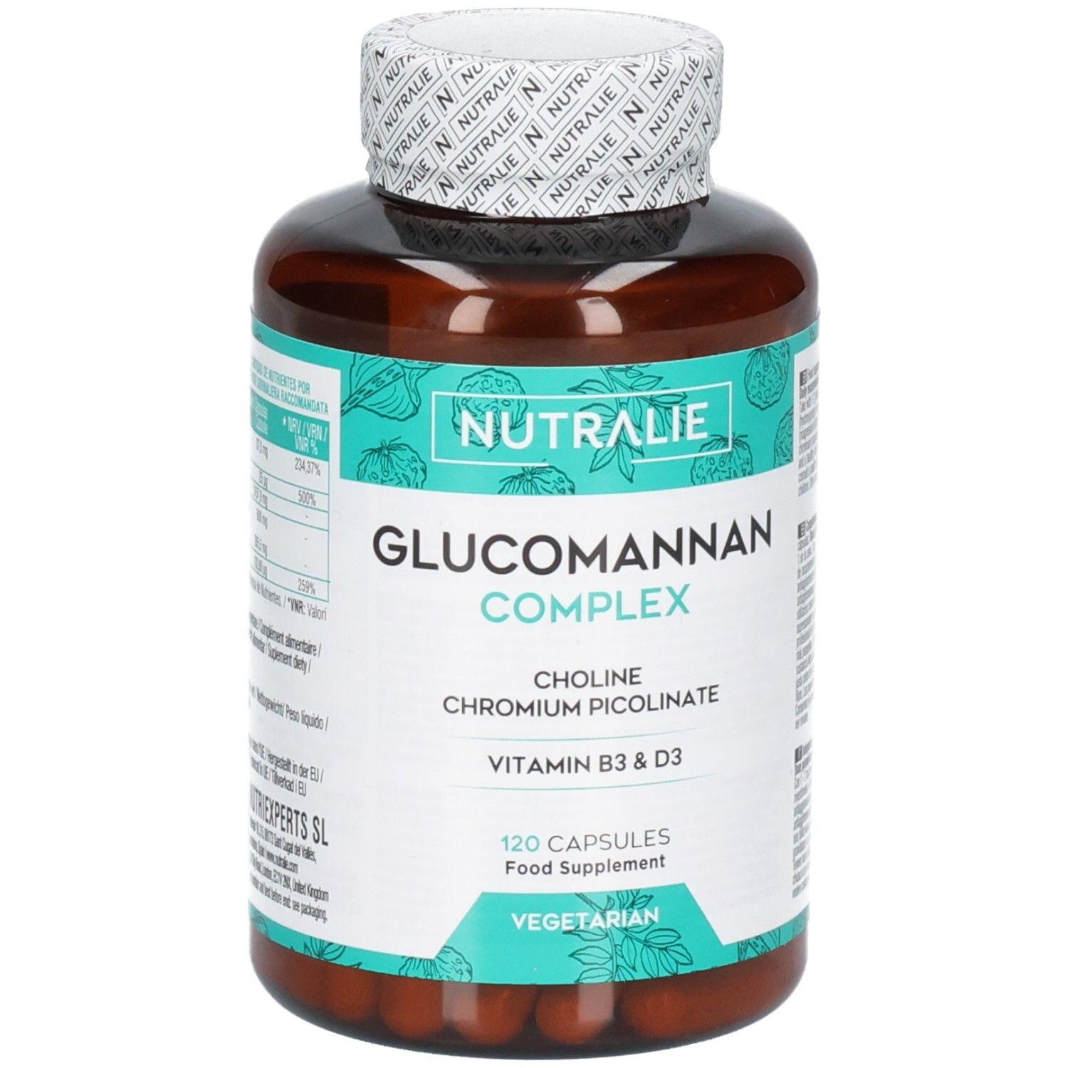 Braune Flasche mit Nutralie Glucomannan Complex Kapseln, 120 Stück, vegetarisch.