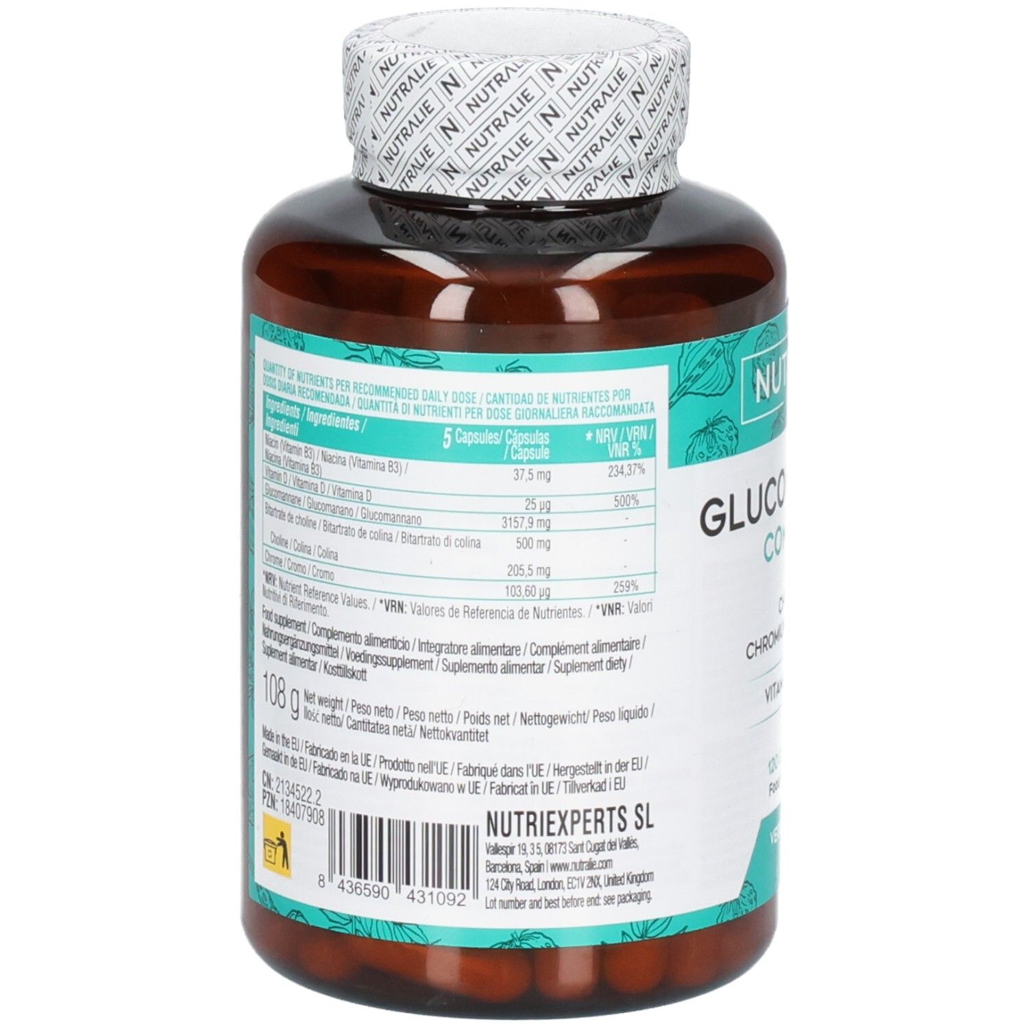 Rückseite der Nutralie Glucomannan Complex Flasche mit Nährwertangaben und Inhaltsstoffen.