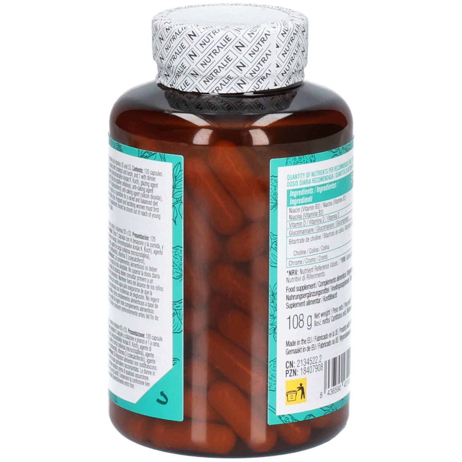 Seitenansicht der Nutralie Glucomannan Complex Flasche, die die Kapseln im Inneren zeigt.