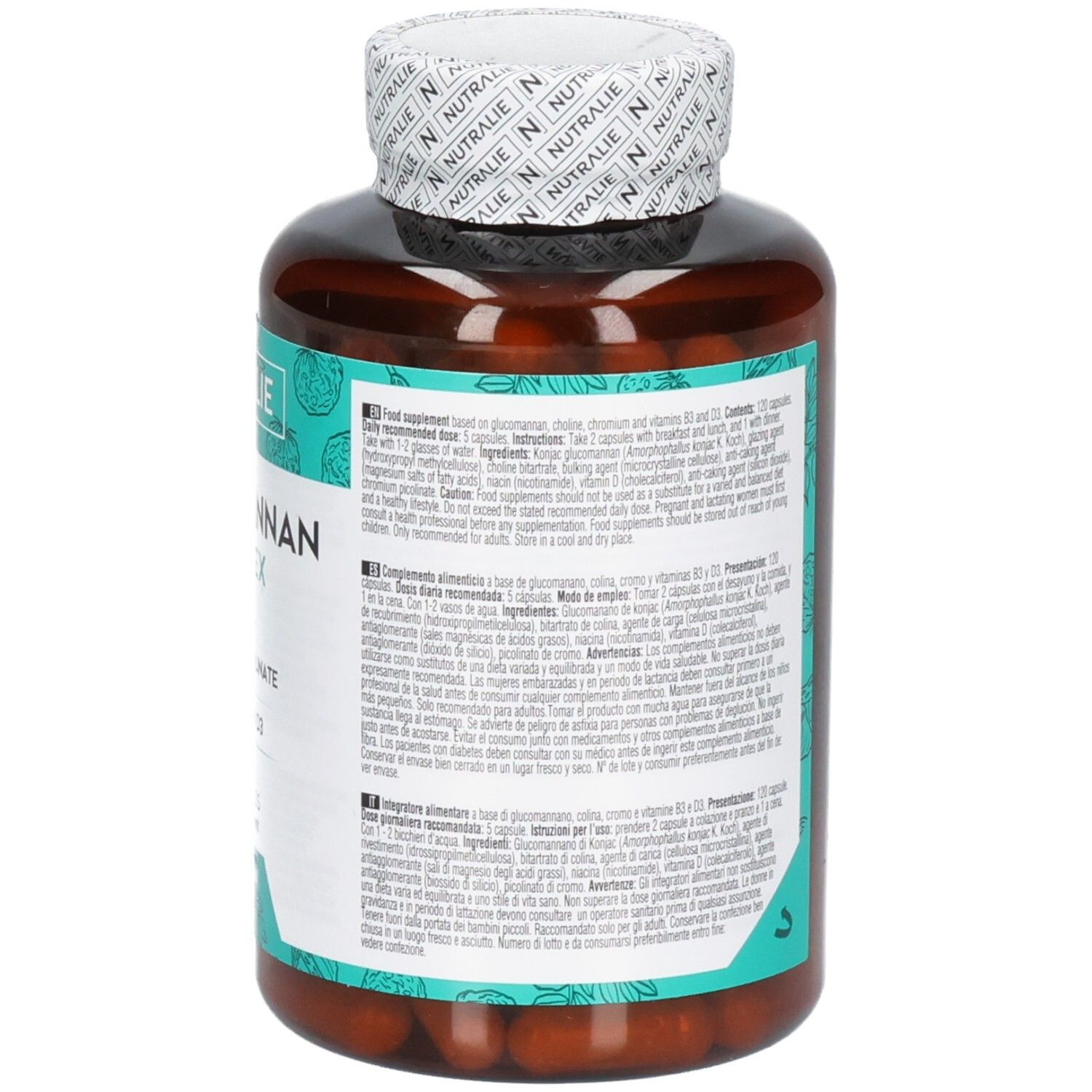 Detailansicht der Nährwertangaben auf der Nutralie Glucomannan Complex Flasche.