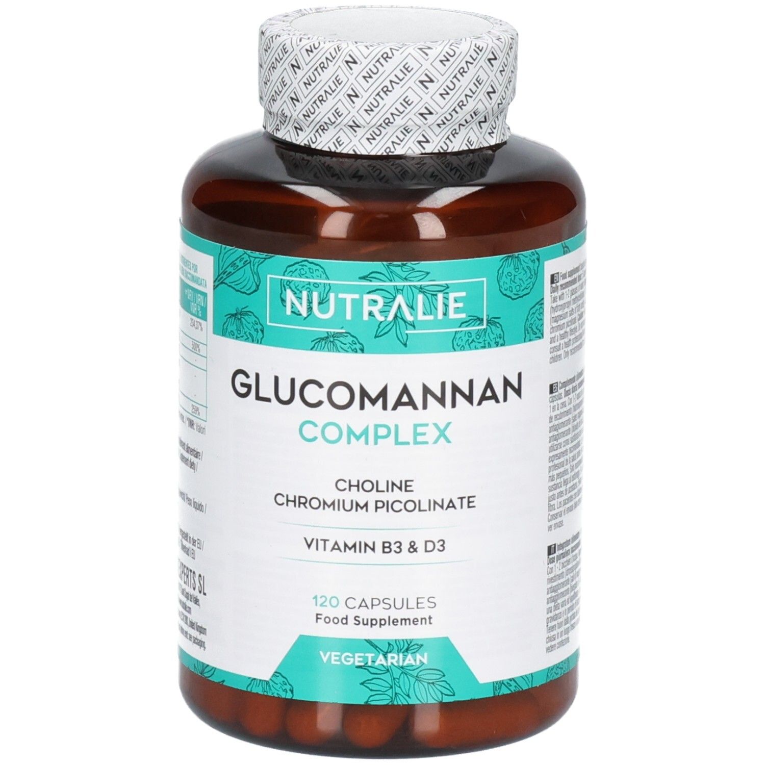 Nutralie Glucomannan Complex Flasche mit 120 vegetarischen Kapseln, Vorderansicht.