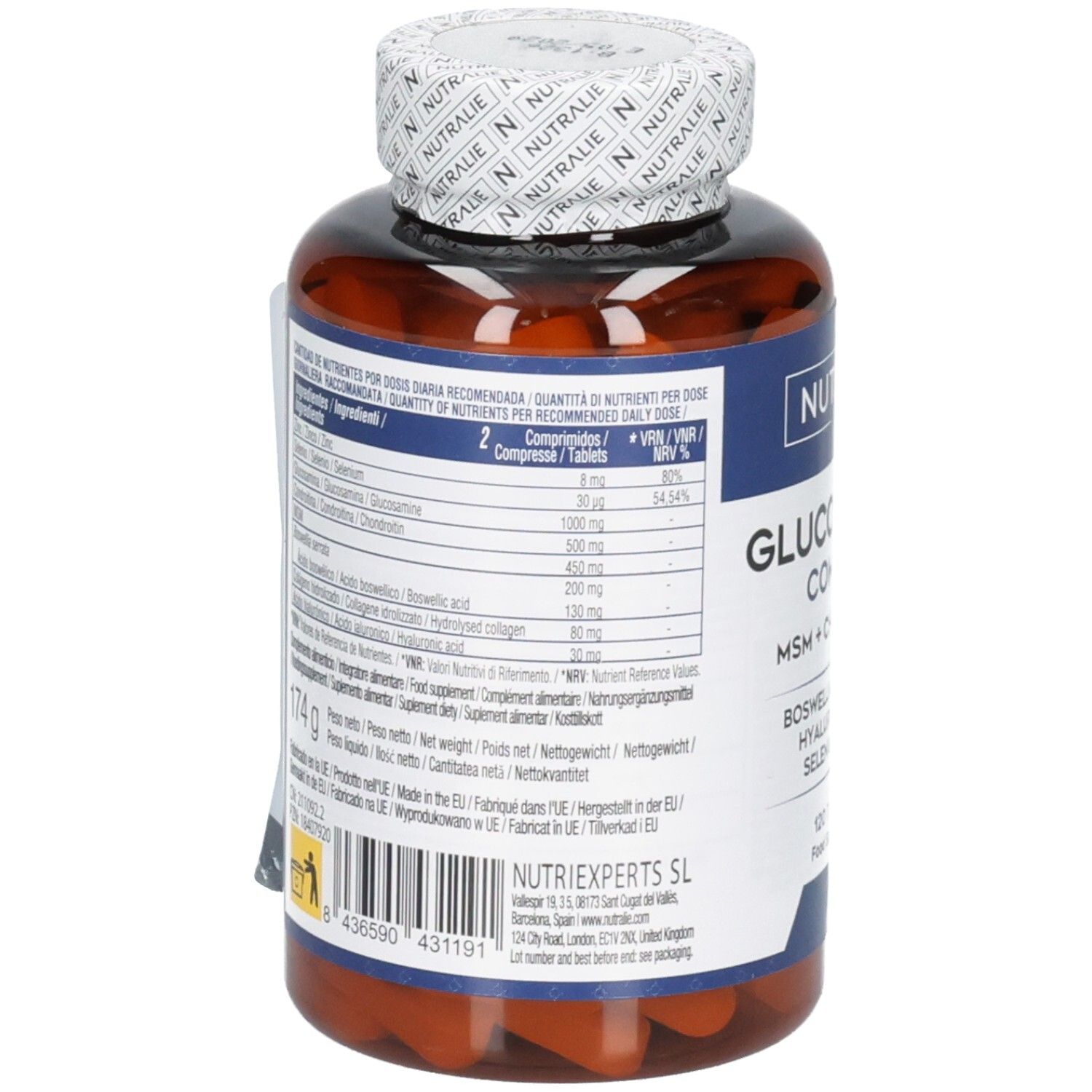 Nutralie Glucosamin Complex: Rückseite der Flasche mit Nährwertangaben und Inhaltsstoffen. 120 Tabletten.