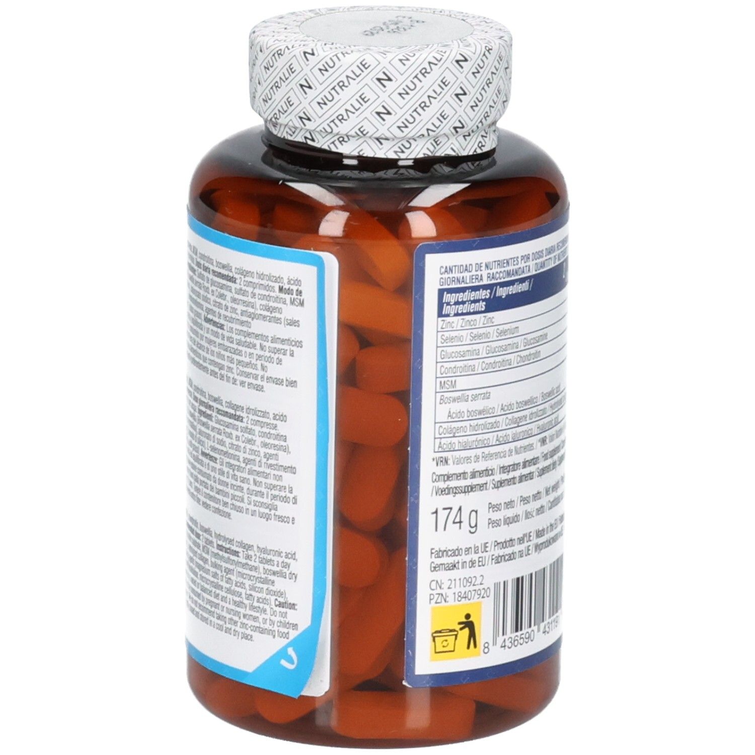 Nutralie Glucosamin Complex: Seitenansicht der Flasche mit Nährwertangaben und Inhaltsstoffen. 120 Tabletten.