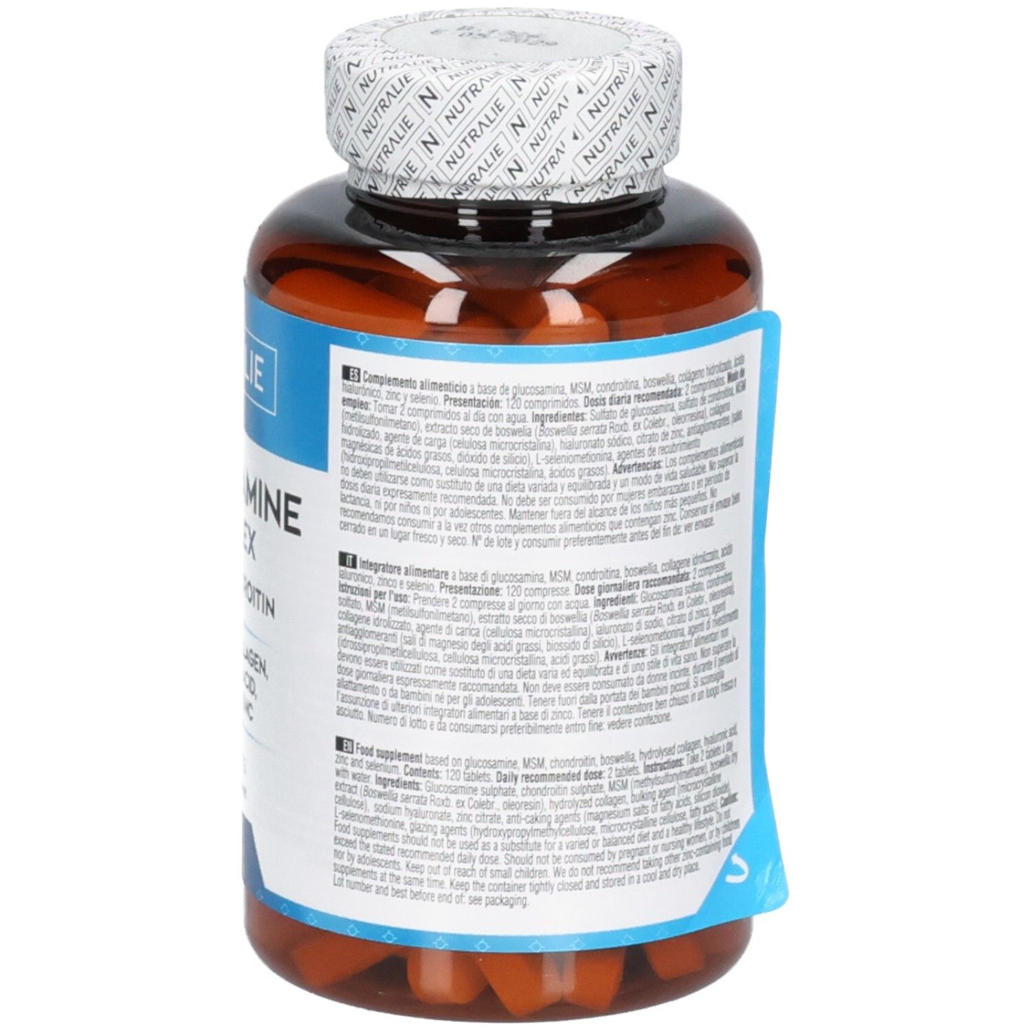 Nutralie Glucosamin Complex: Rückseite der Flasche mit detaillierten Informationen zu Inhaltsstoffen und Anwendung. 120 Tabletten.