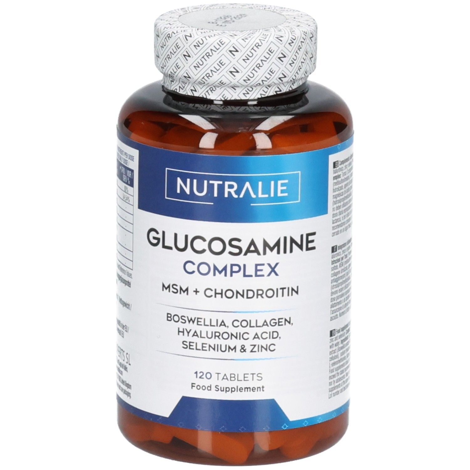 Nutralie Glucosamin Complex: Vorderseite der Flasche mit Produktnamen und Inhaltsstoffen. 120 Tabletten.