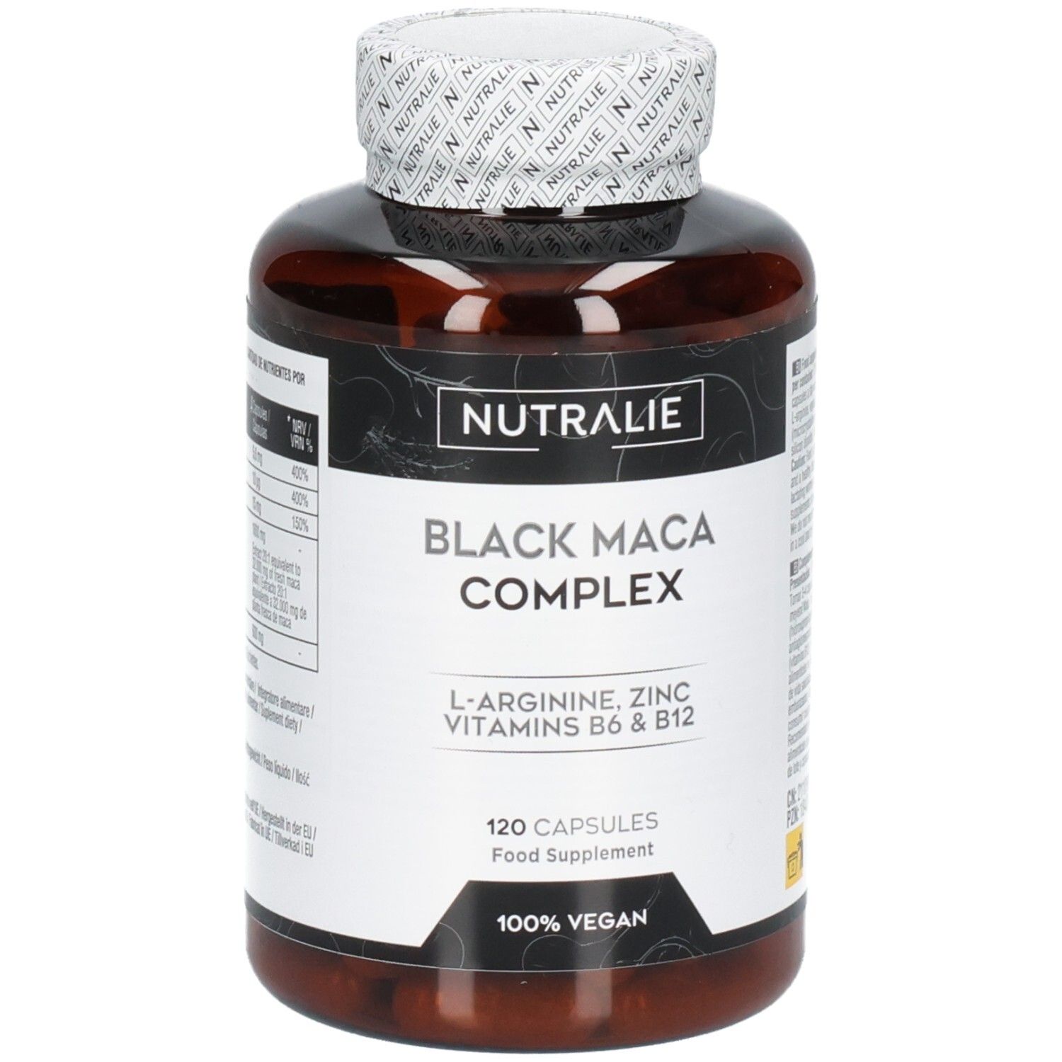 Nutralie Black Maca Complex: Braune Dose mit 120 Kapseln, vegan.