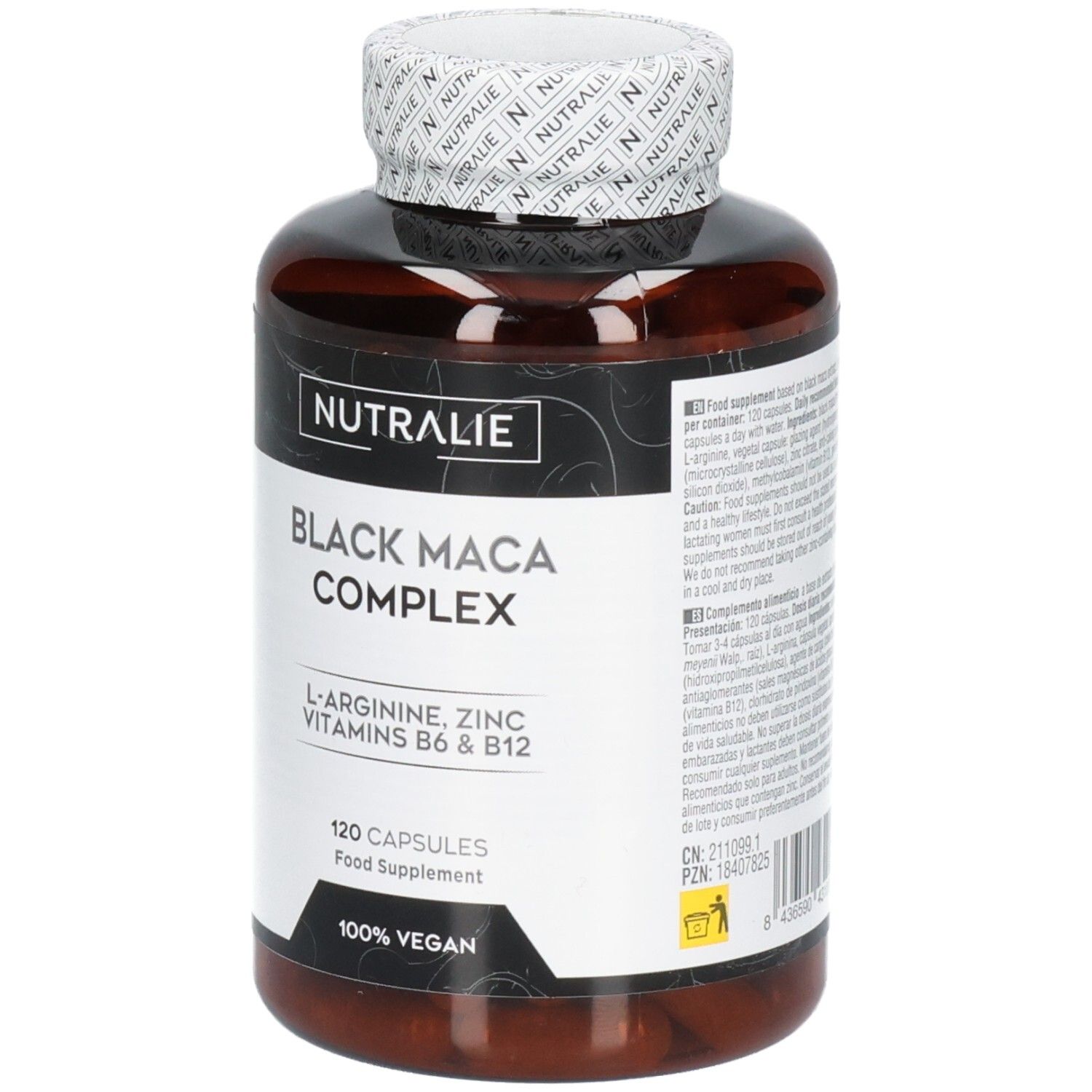Nutralie Black Maca Complex: Dose mit 120 Kapseln, vegan. Enthält L-Arginin, Zink, Vitamine B6 & B12.