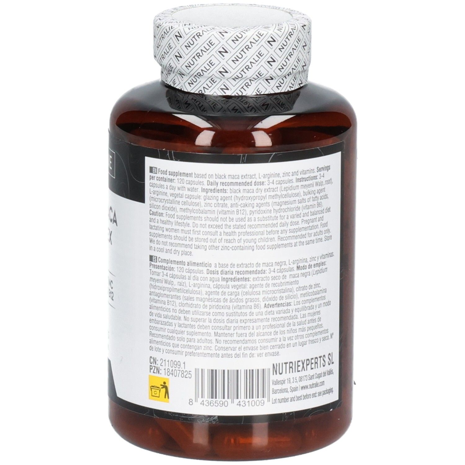 Nutralie Black Maca Complex: Vorderseite der Dose mit Produktinformationen und veganem Siegel.