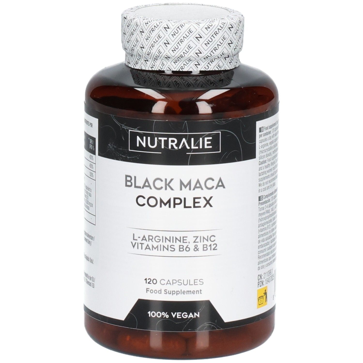Nutralie Black Maca Complex: Dose mit 120 Kapseln, vegan. Enthält L-Arginin, Zink, Vitamine B6 & B12.