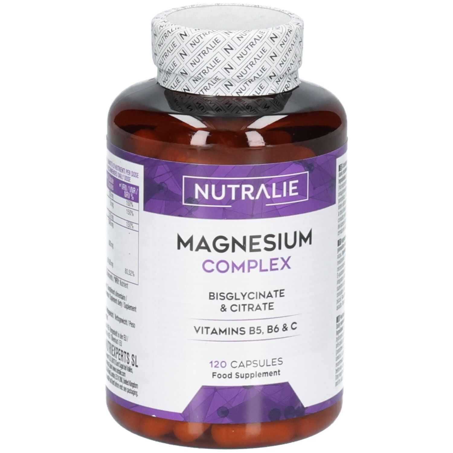 Nutralie Magnesium Komplex Kapseln: Braune Flasche mit 120 Kapseln. Enthält Magnesiumbisglycinat & Citrat, Vitamine B5, B6 & C.
