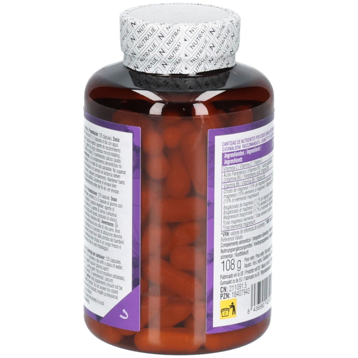 Seitenansicht der Nutralie Magnesium Komplex Kapseln Flasche mit Nährwertangaben.