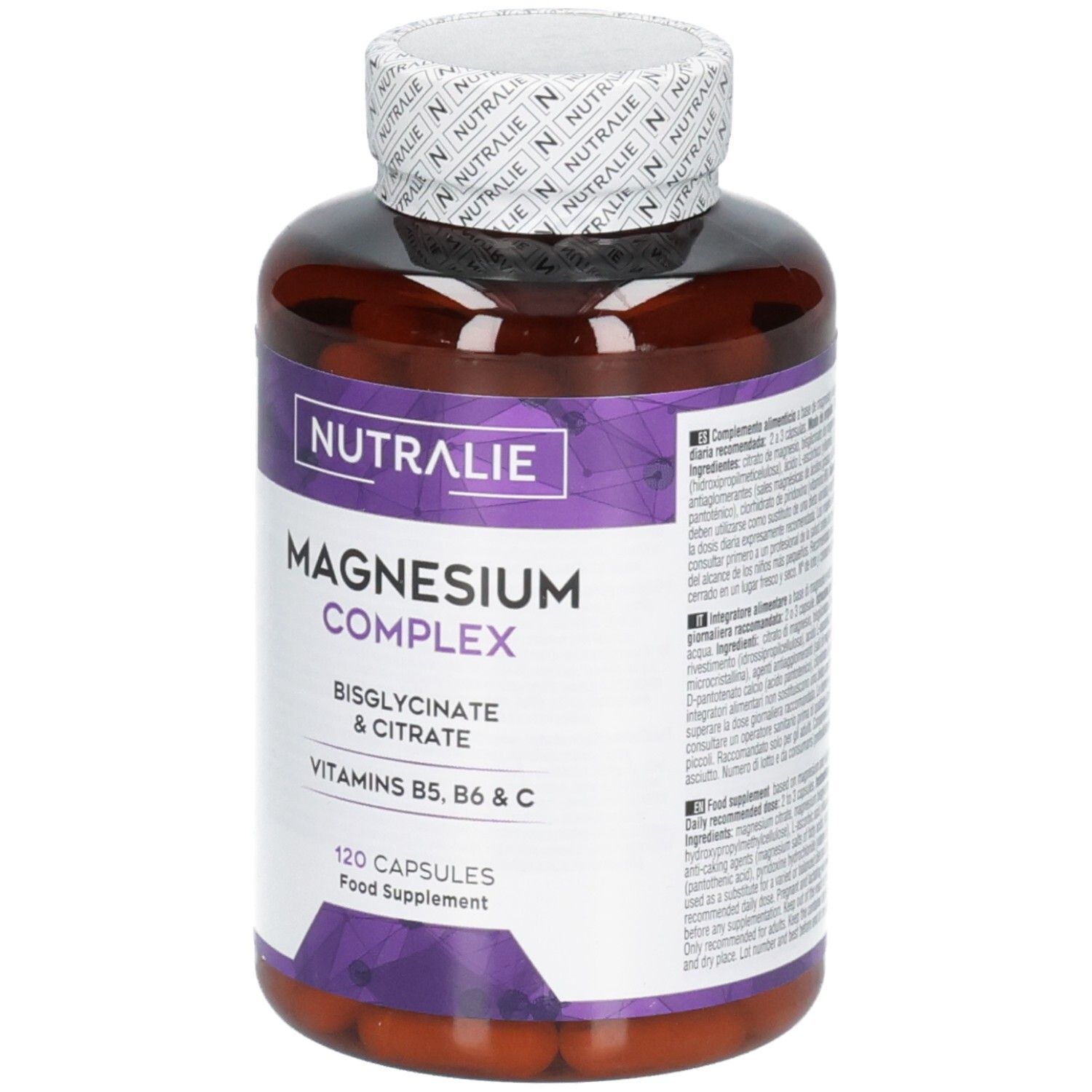 Nutralie Magnesium Komplex Kapseln: Braune Flasche mit 120 Kapseln. Enthält Magnesiumbisglycinat & Citrat, Vitamine B5, B6 & C.