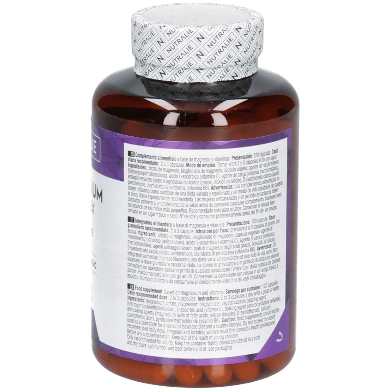Rückseite der Nutralie Magnesium Komplex Kapseln Flasche mit detaillierten Informationen in mehreren Sprachen.