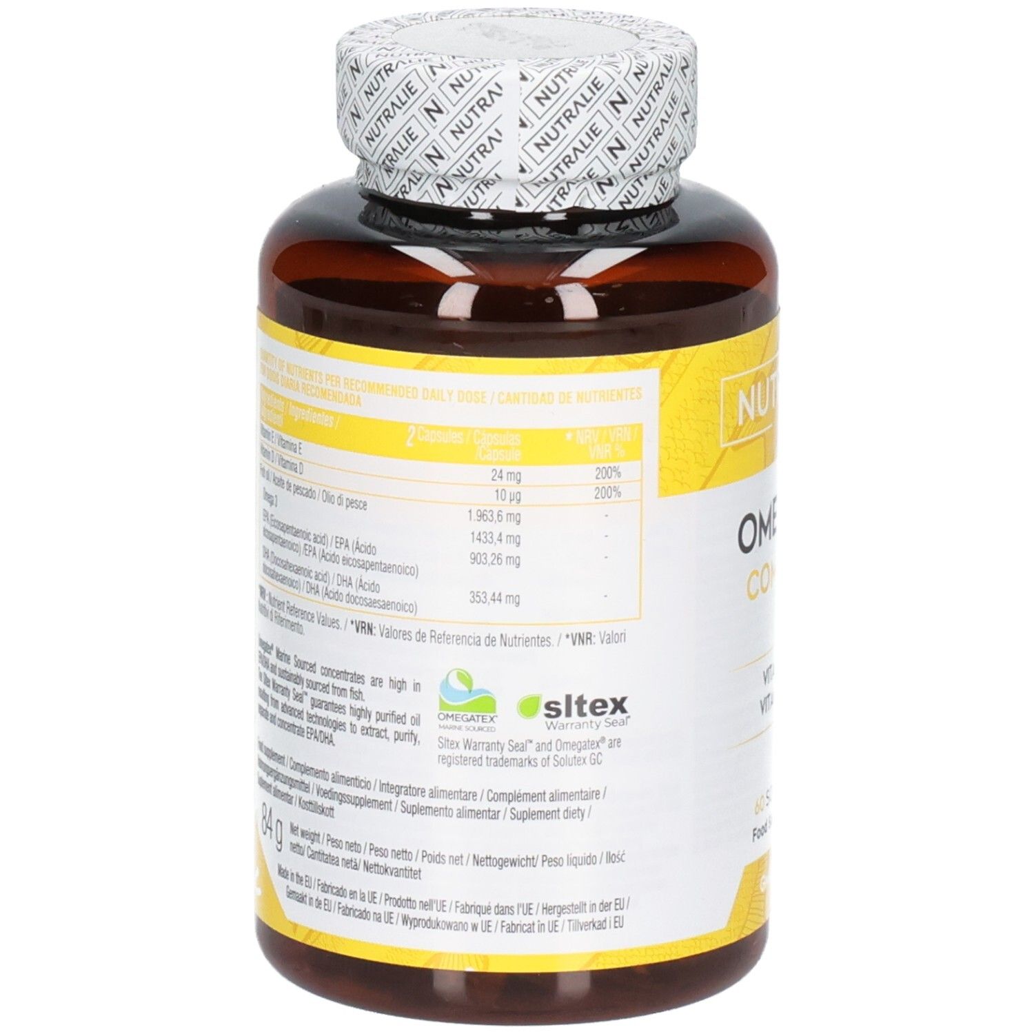 Rückseite einer Nutralie Omega 3 Komplex Flasche mit Nährwertangaben und Zertifizierungen.