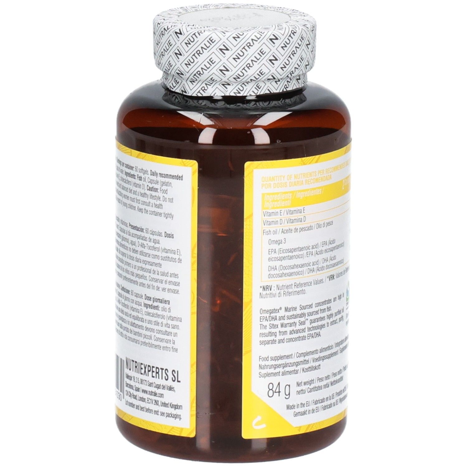 Seitenansicht einer Nutralie Omega 3 Komplex Flasche mit detaillierten Produktinformationen.