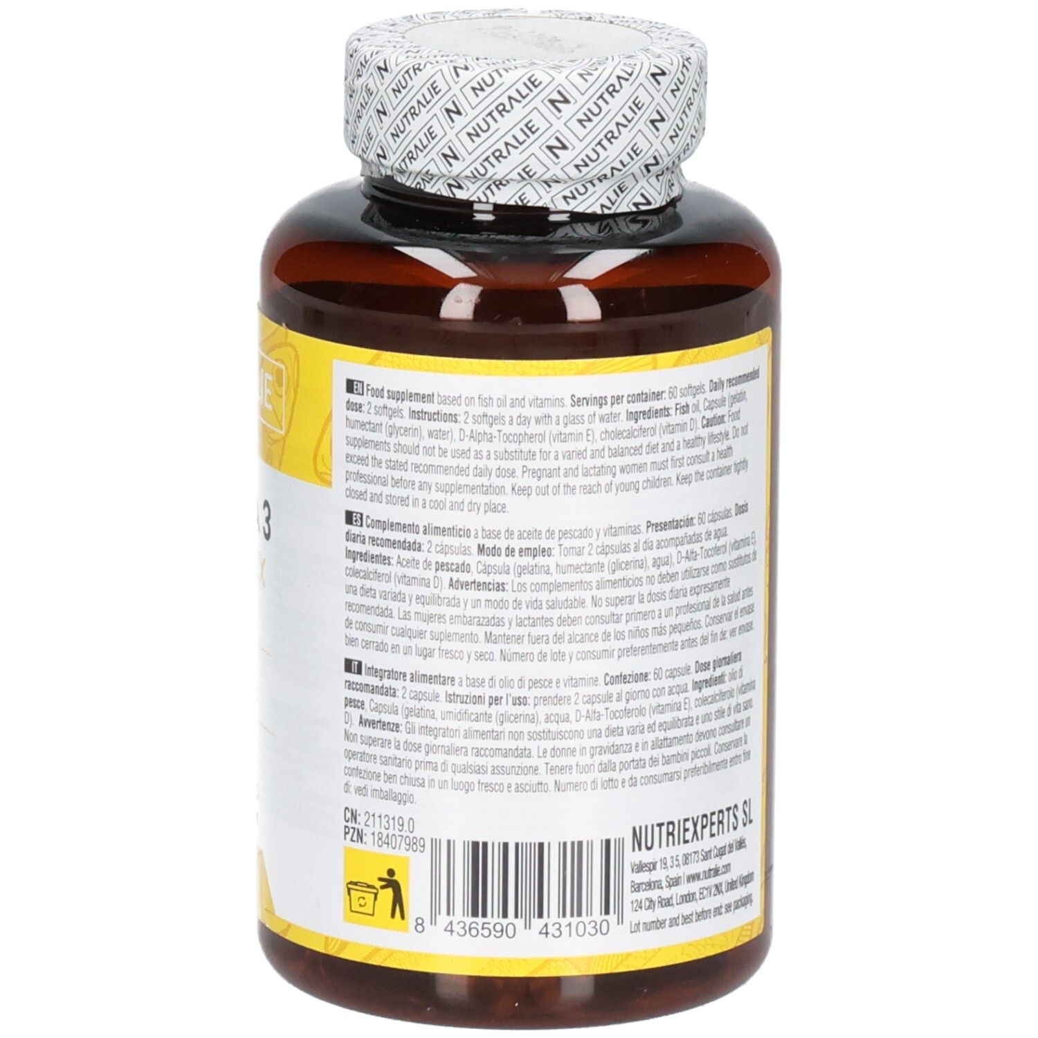 Rückseite einer Nutralie Omega 3 Komplex Flasche mit Anwendungshinweisen und Barcode.