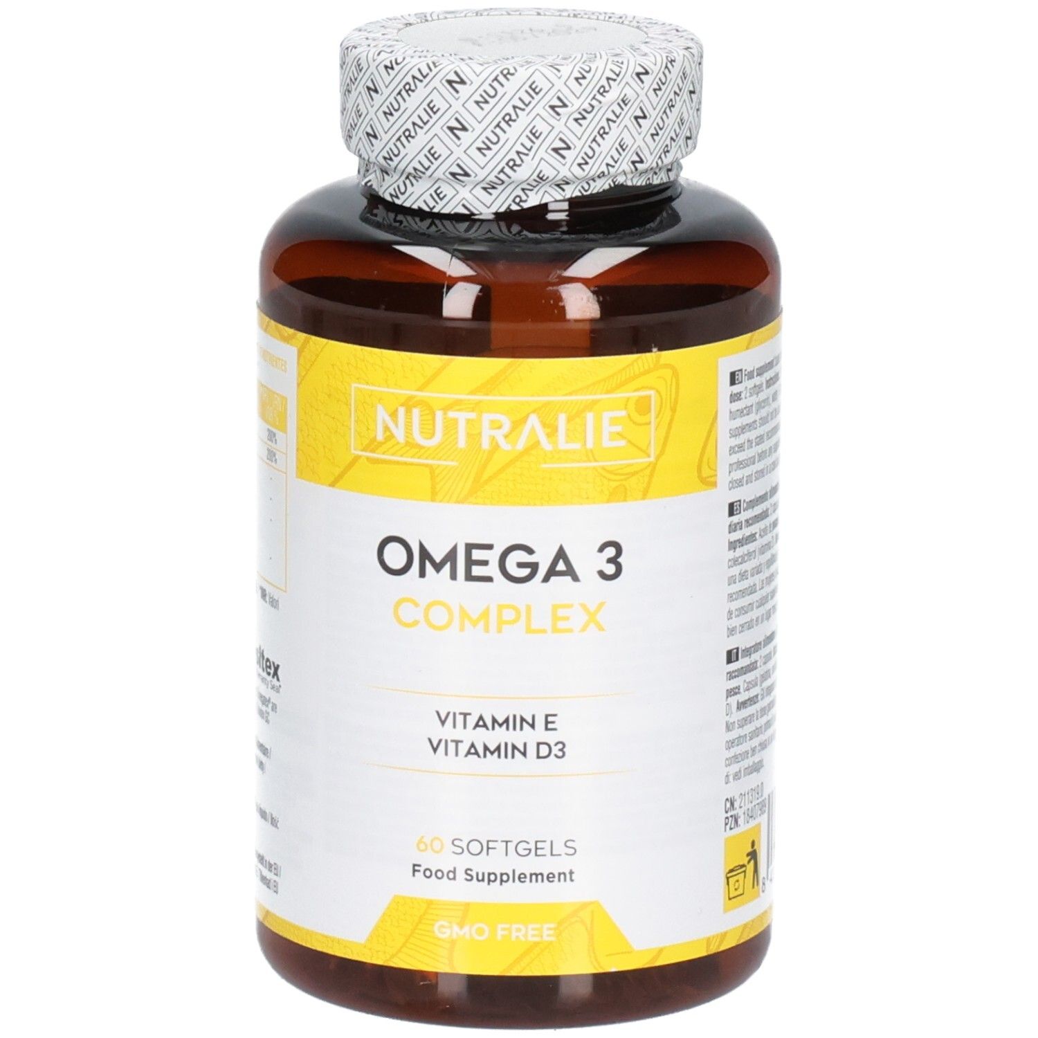 Vorderansicht einer Nutralie Omega 3 Komplex Flasche mit 60 Softgels.