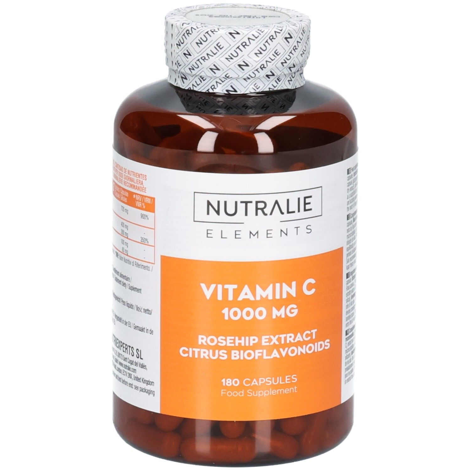 Nutralie Vitamin C 1000 mg Flasche mit 180 Kapseln, mit Hagebuttenextrakt und Zitrus-Bioflavonoiden.