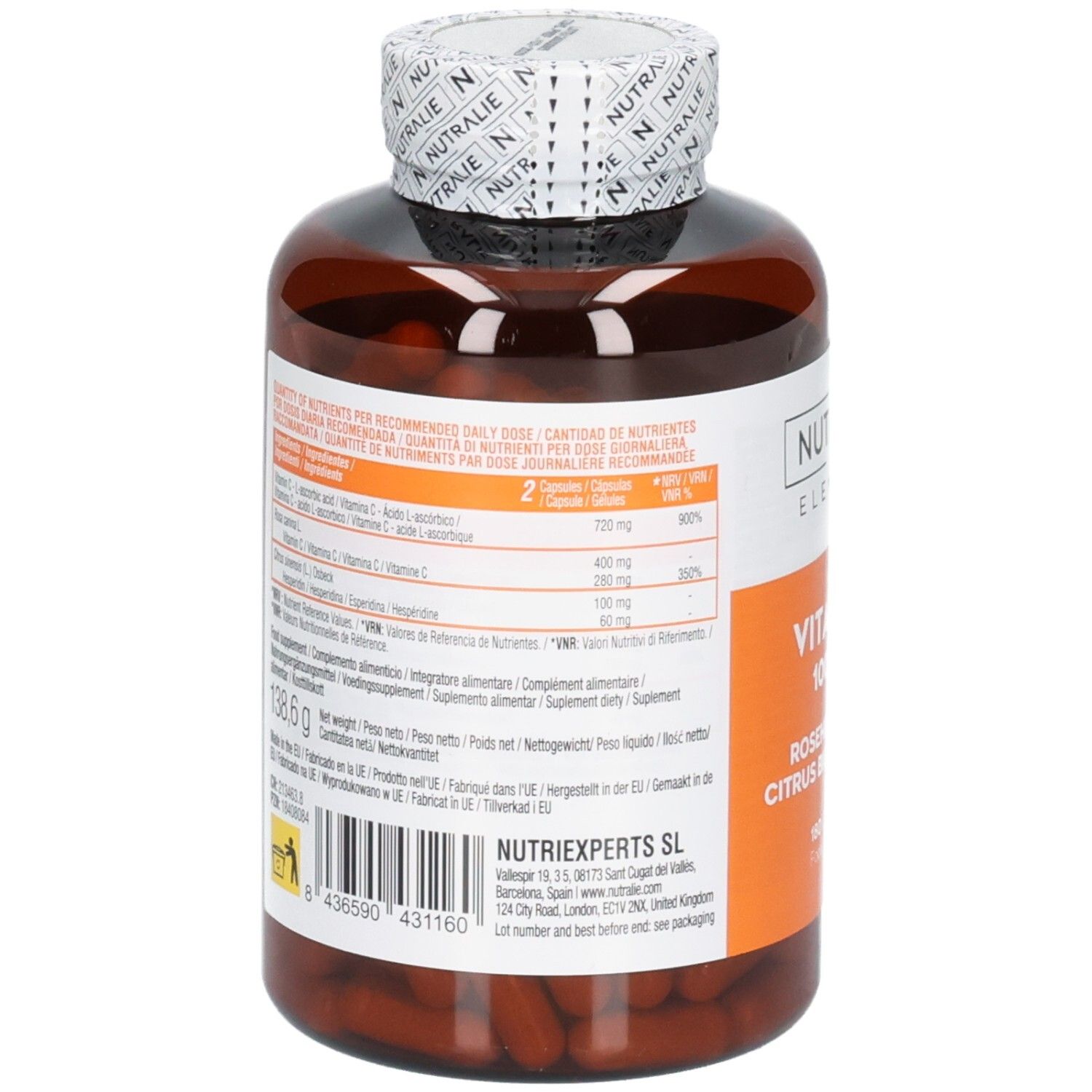 Rückseite einer Nutralie Vitamin C 1000 mg Flasche mit Nährwertangaben und Inhaltsstoffen.