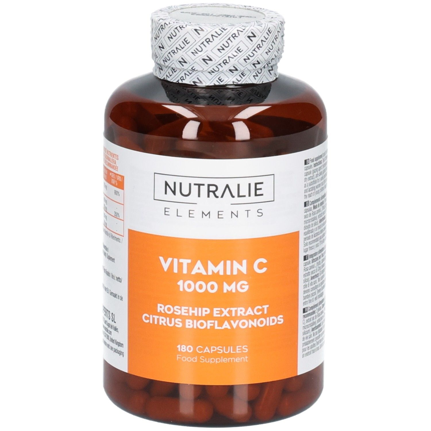 Nutralie Vitamin C 1000 mg Flasche mit 180 Kapseln, Hagebuttenextrakt und Zitrus-Bioflavonoiden.