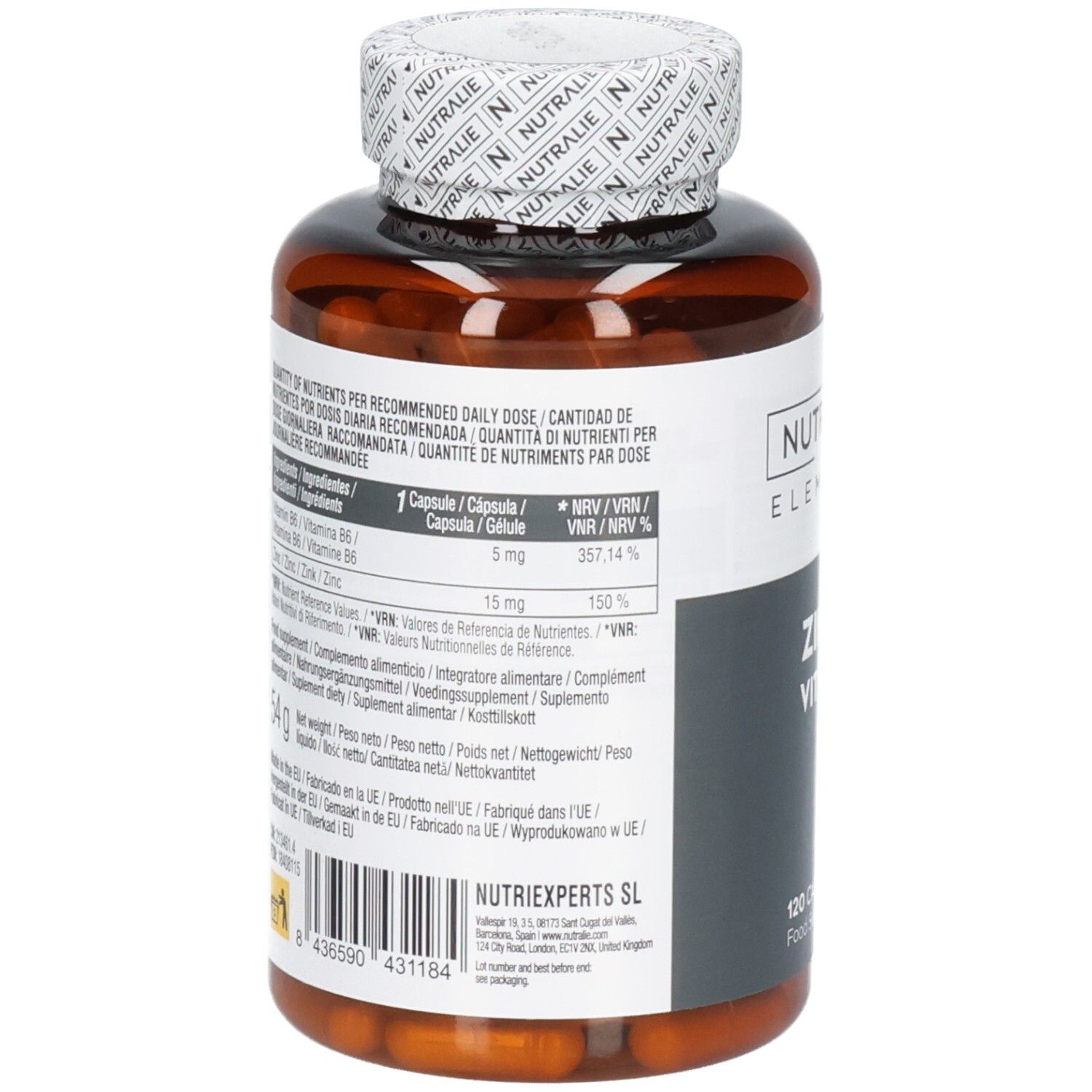 Rückseite einer Nutralie Zink Vit. B6 Dose mit Nährwertangaben.