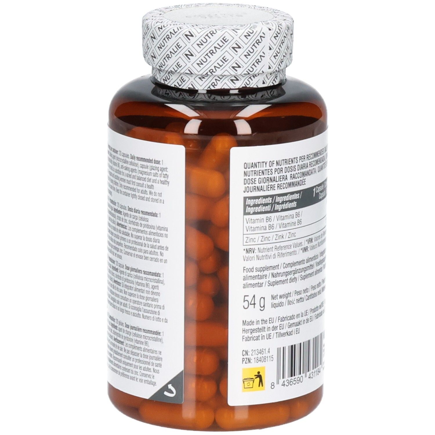 Seitenansicht einer Nutralie Zink Vit. B6 Dose mit Gewichtsangabe.