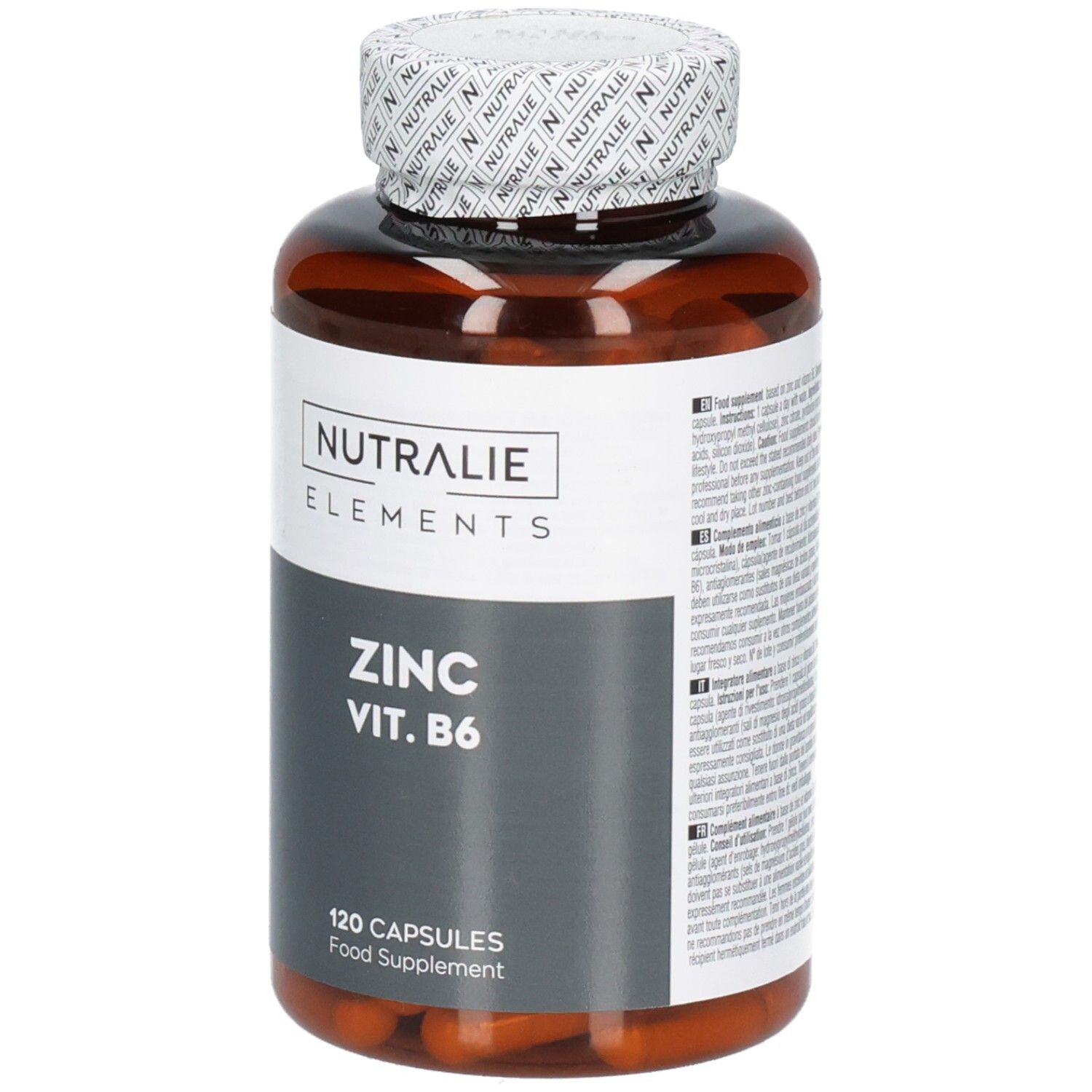 Braune Dose Nutralie Zink Vit. B6, 120 Kapseln, Vorderansicht.