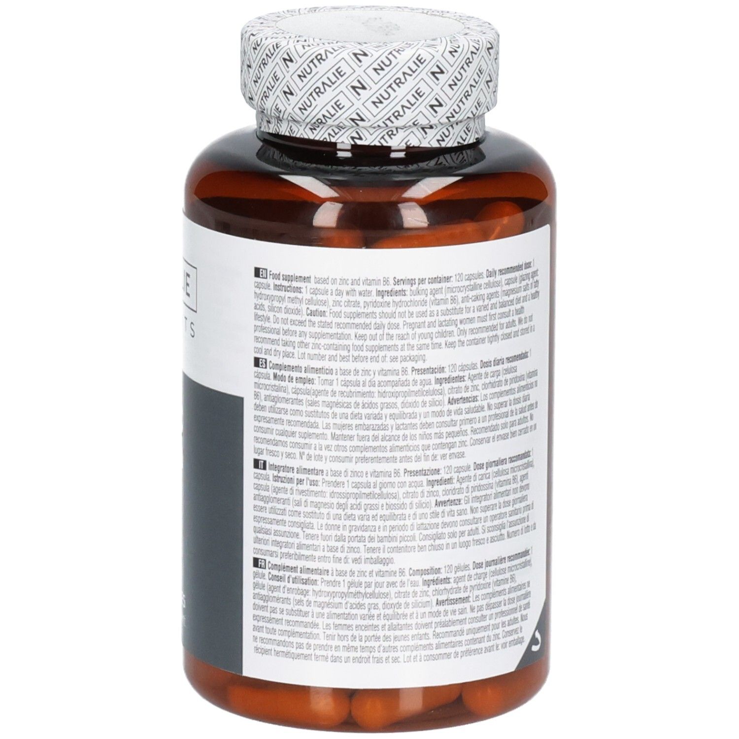 Rückseite der Nutralie Zink Vit. B6 Dose mit detaillierten Informationen.