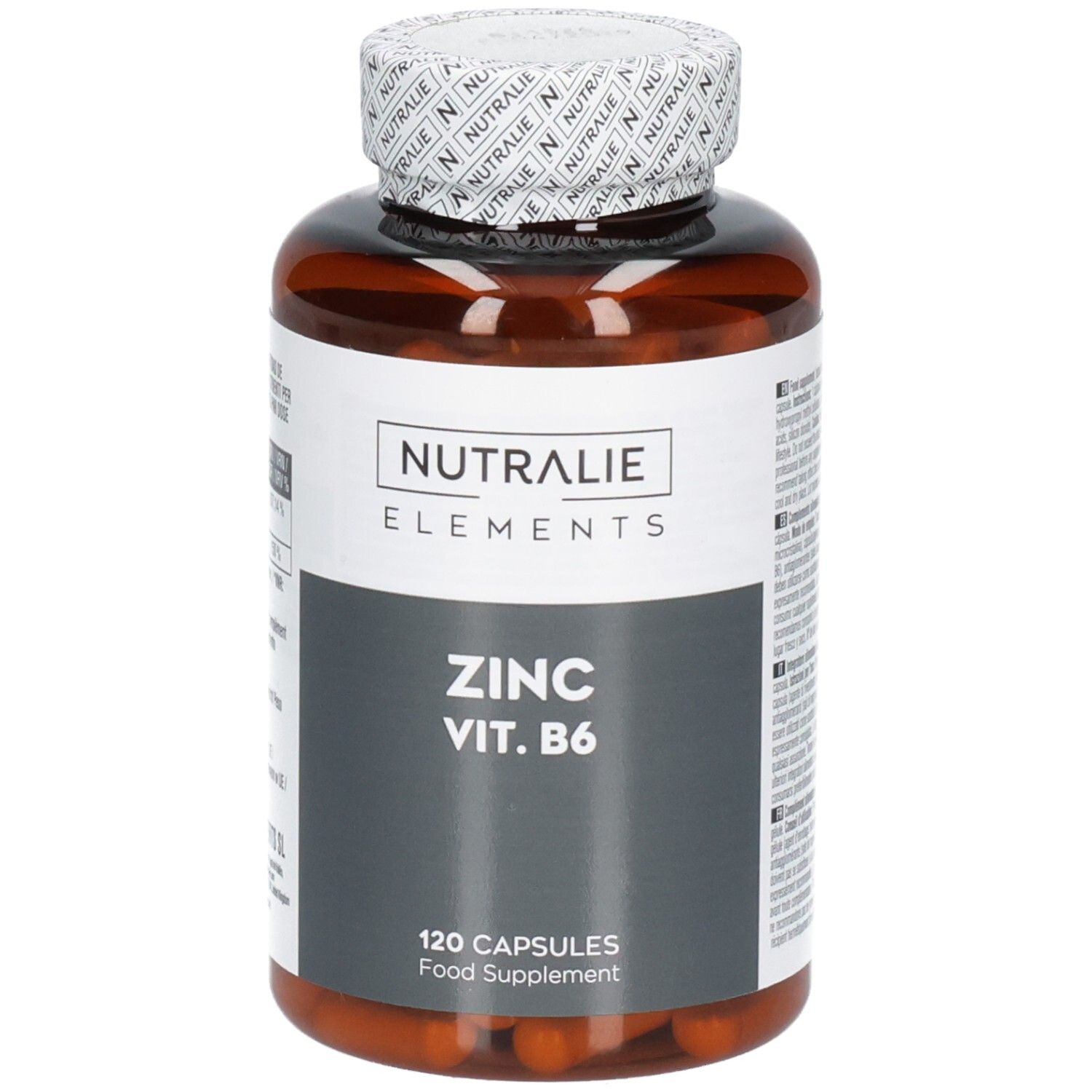 Nutralie Zink Vit. B6 Dose, 120 Kapseln, leicht schräg von vorne.