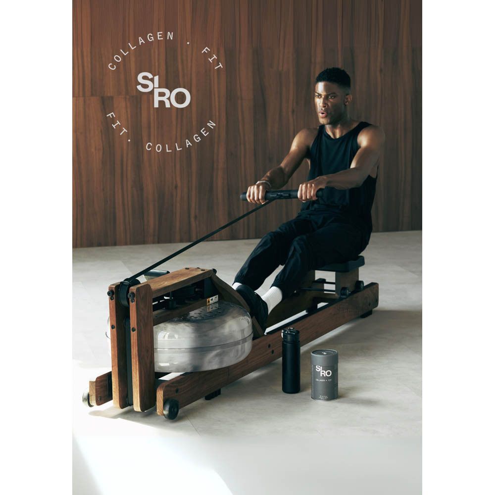 Homme sur rameur avec produits SIRO Collagen Fit.