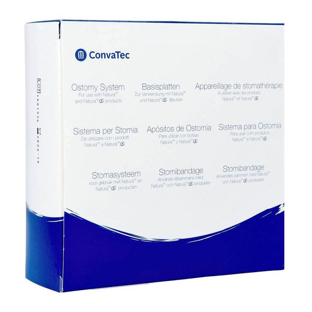 Boîte ConvaTec Ostomy System avec désignations de produits multilingues.