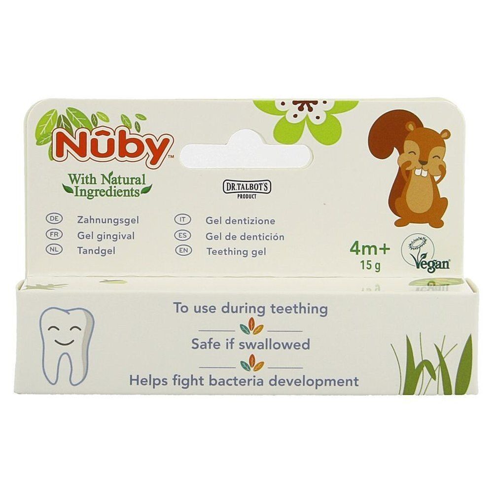 Emballage de gel de dentition Nuby avec illustration d'écureuil, 15g, dès 4 mois.