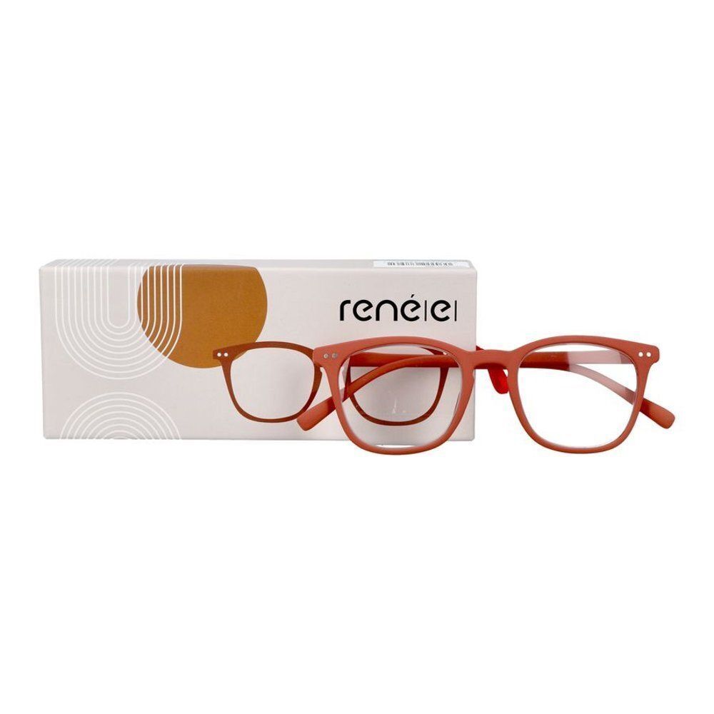Une paire de lunettes de lecture rouge-brun à côté d'une boîte portant la marque 'reneei'.