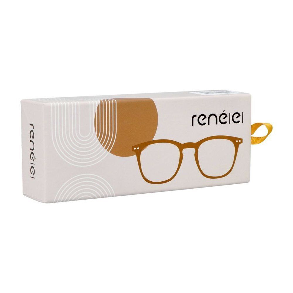 Emballage de lunettes de lecture avec une monture marron imprimée. Marque René(e) Les Lunettes.