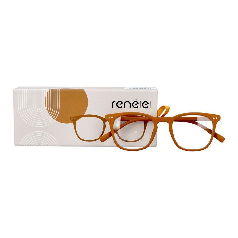 Deux lunettes de lecture marron terracotta, une dans sa boîte, une à côté.