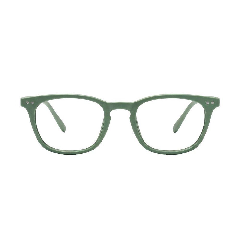 Une paire de lunettes de lecture vertes à monture rectangulaire, vue de face.