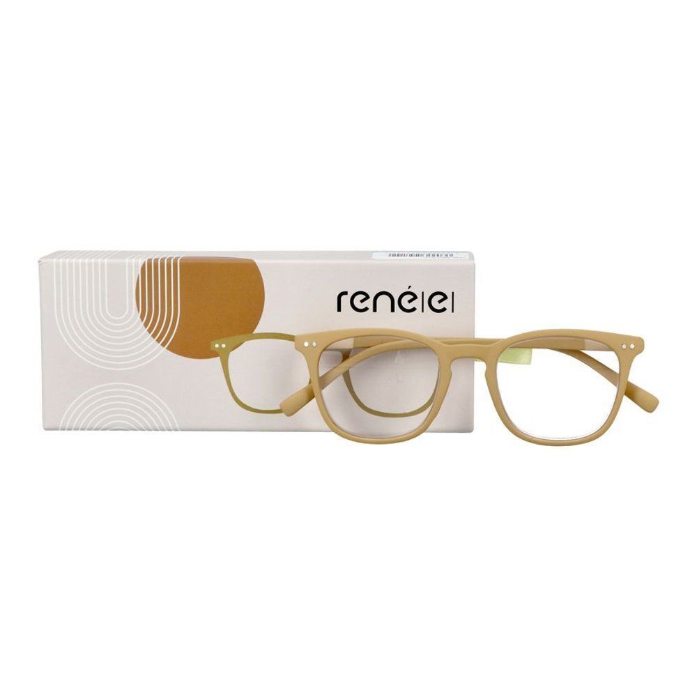 Une paire de lunettes de lecture beige avec sa boîte.